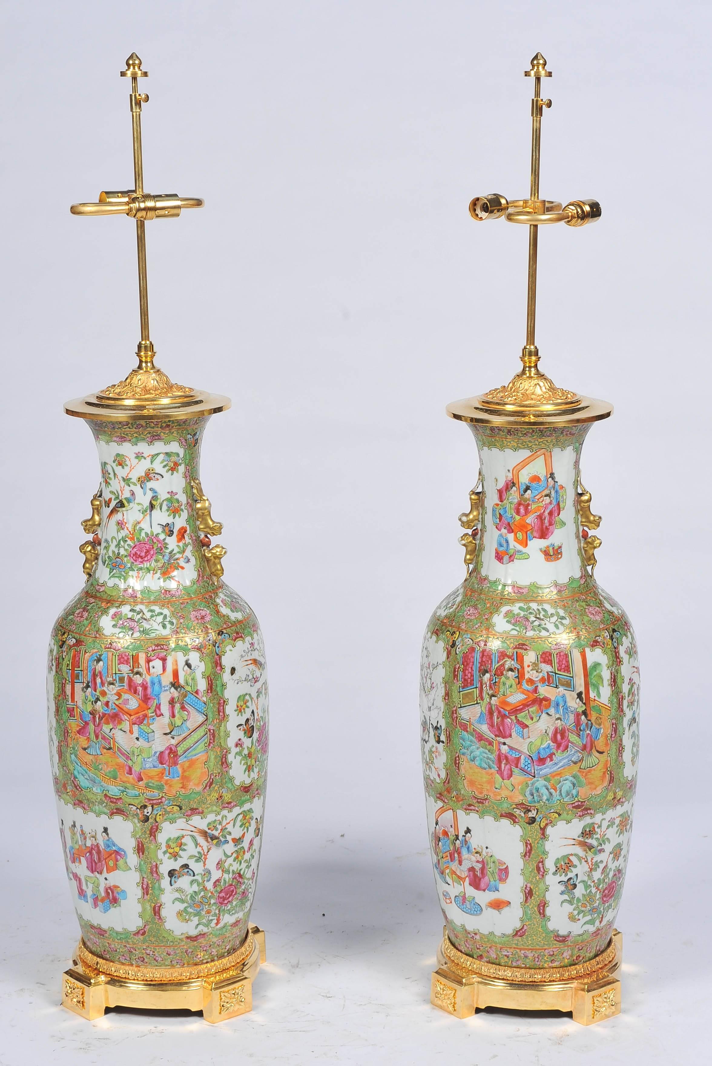 Hand-Painted Pair of 19th Century Rose Medallion, Canton Vases or Lamps For Sale
