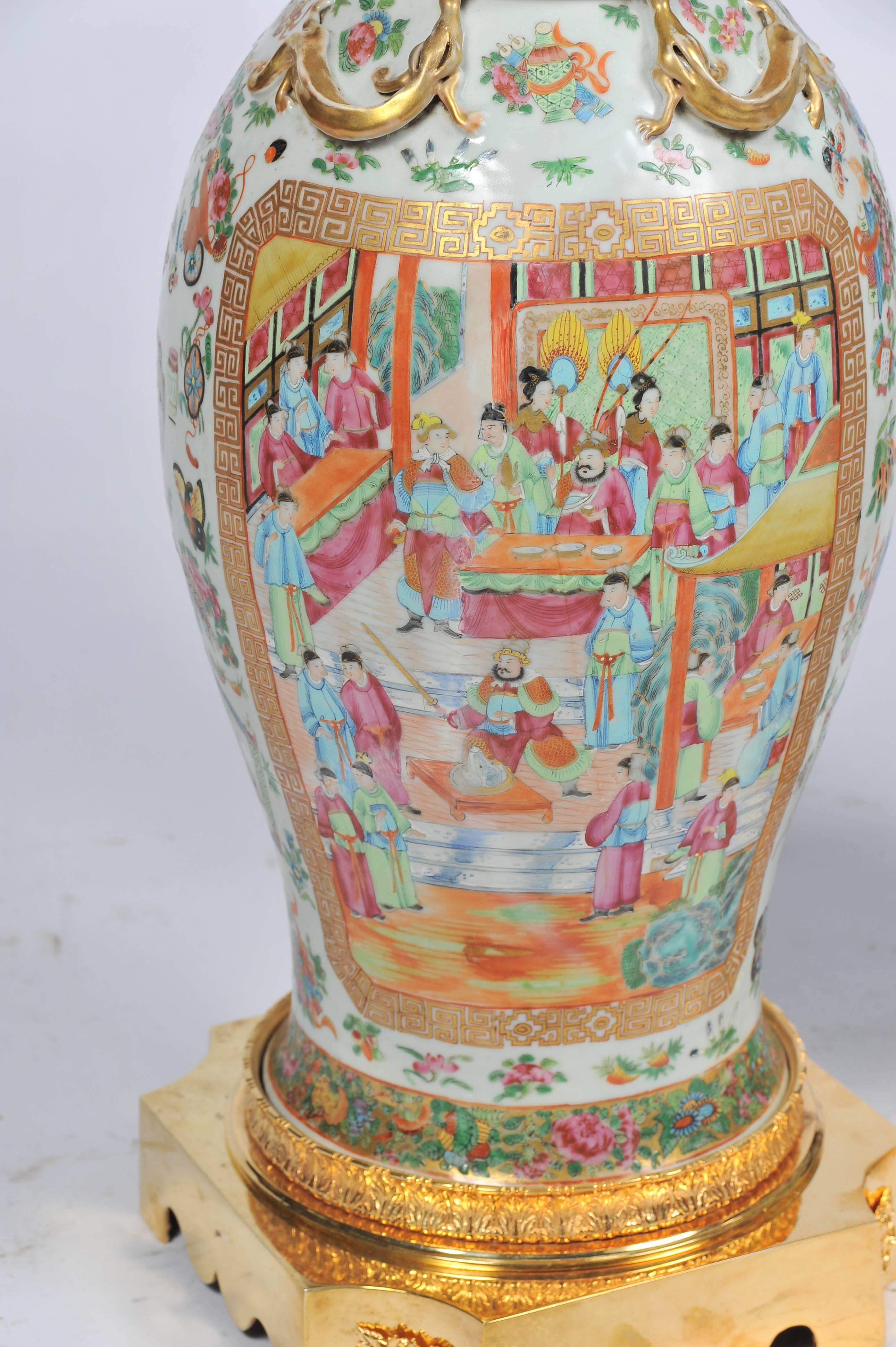 Chinese Export Large Pair of Antique Rose Medallion / Cantonese Vases / Lamps For Sale