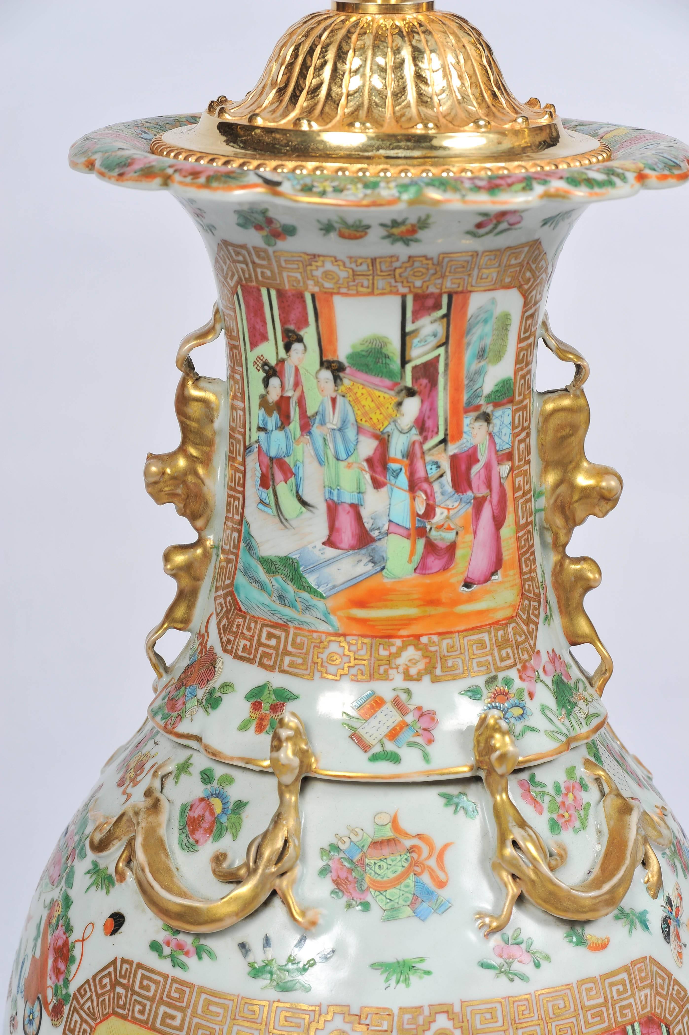 Chinese Large Pair of Antique Rose Medallion / Cantonese Vases / Lamps For Sale
