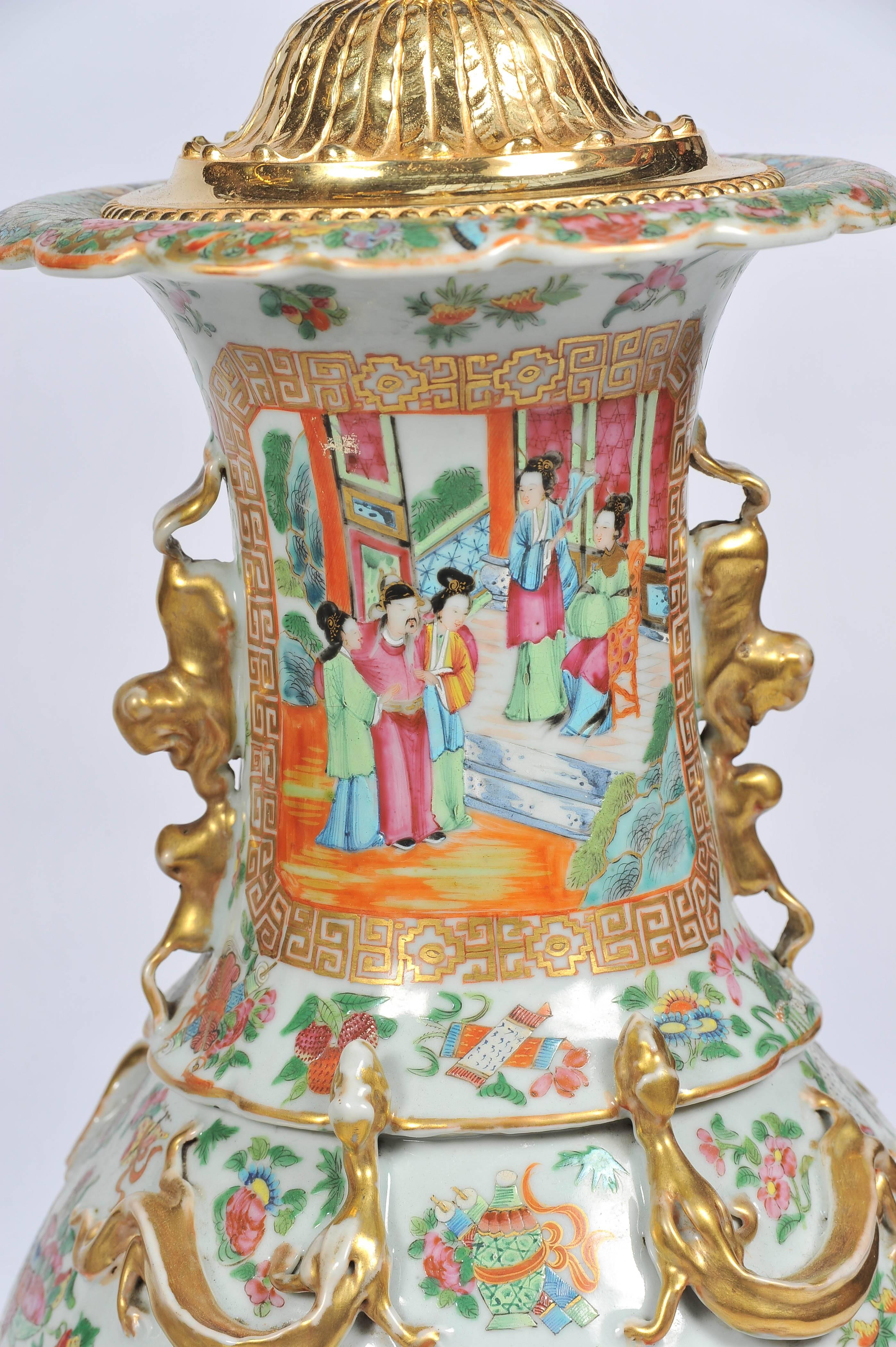 Hand-Painted Large Pair of Antique Rose Medallion / Cantonese Vases / Lamps For Sale