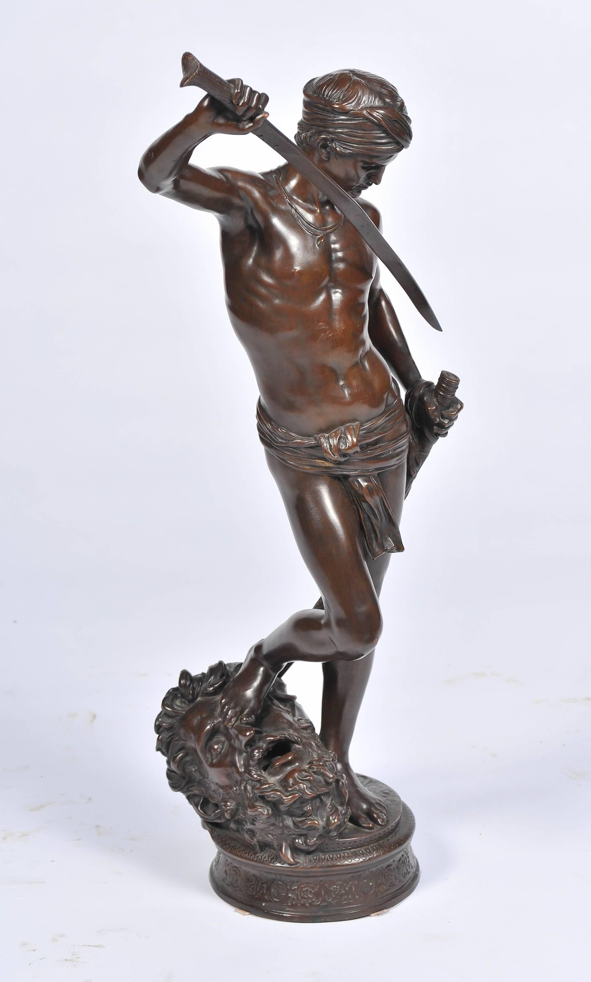 A very good quality bronze statue of David having defeated Goliath, standing over Goliath's head.
Jean-Antonin Mercie, (French 1845-1916) 