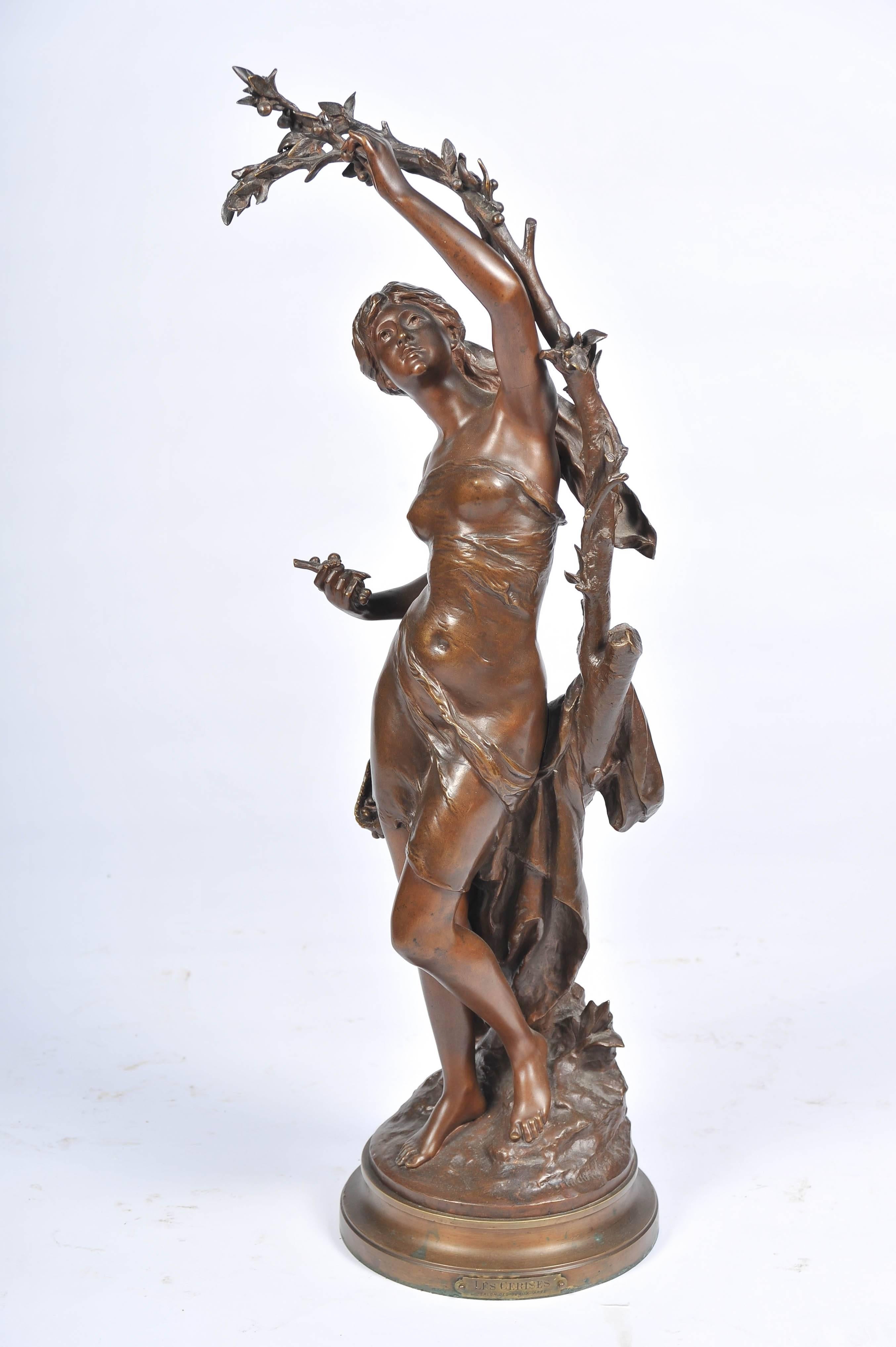 French Bronze by Math, Moreau, Girl Picking Cherries For Sale