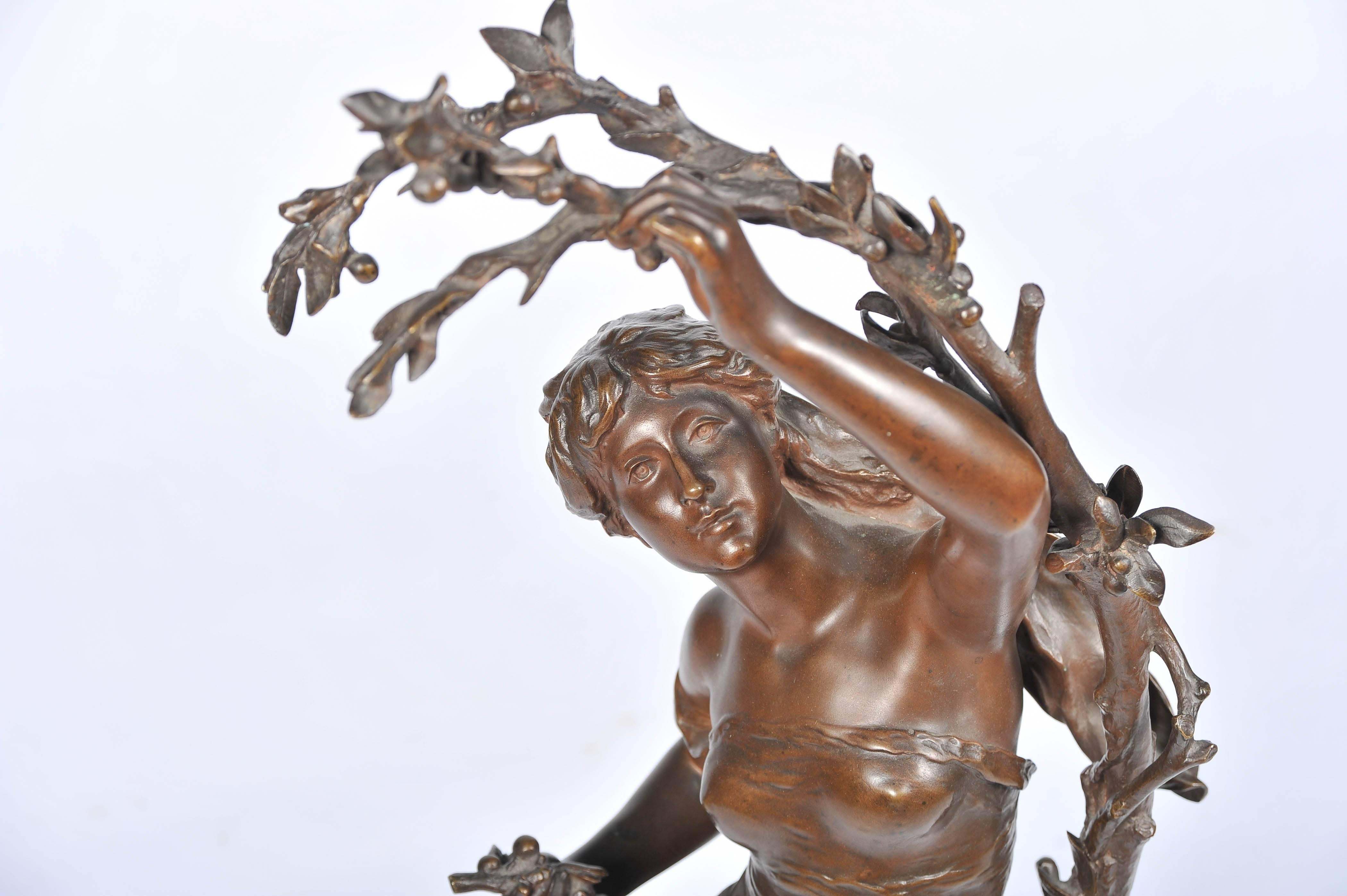 Cast Bronze by Math, Moreau, Girl Picking Cherries For Sale