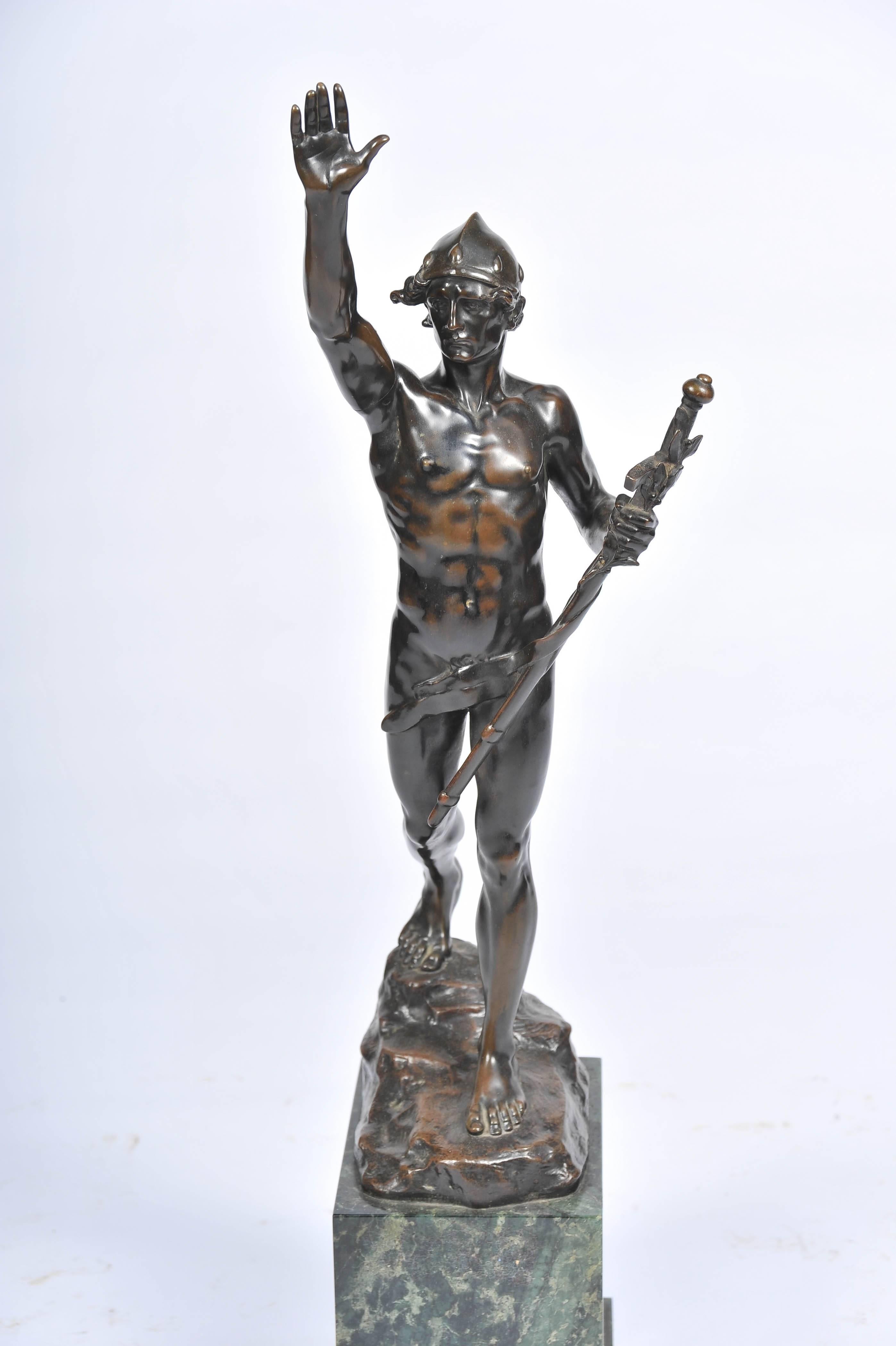 A very good quality 19th century bronze statue of David standing on a rock and mounted on a marble plinth.
Signed; Fernand Lugerth 1885-1915.