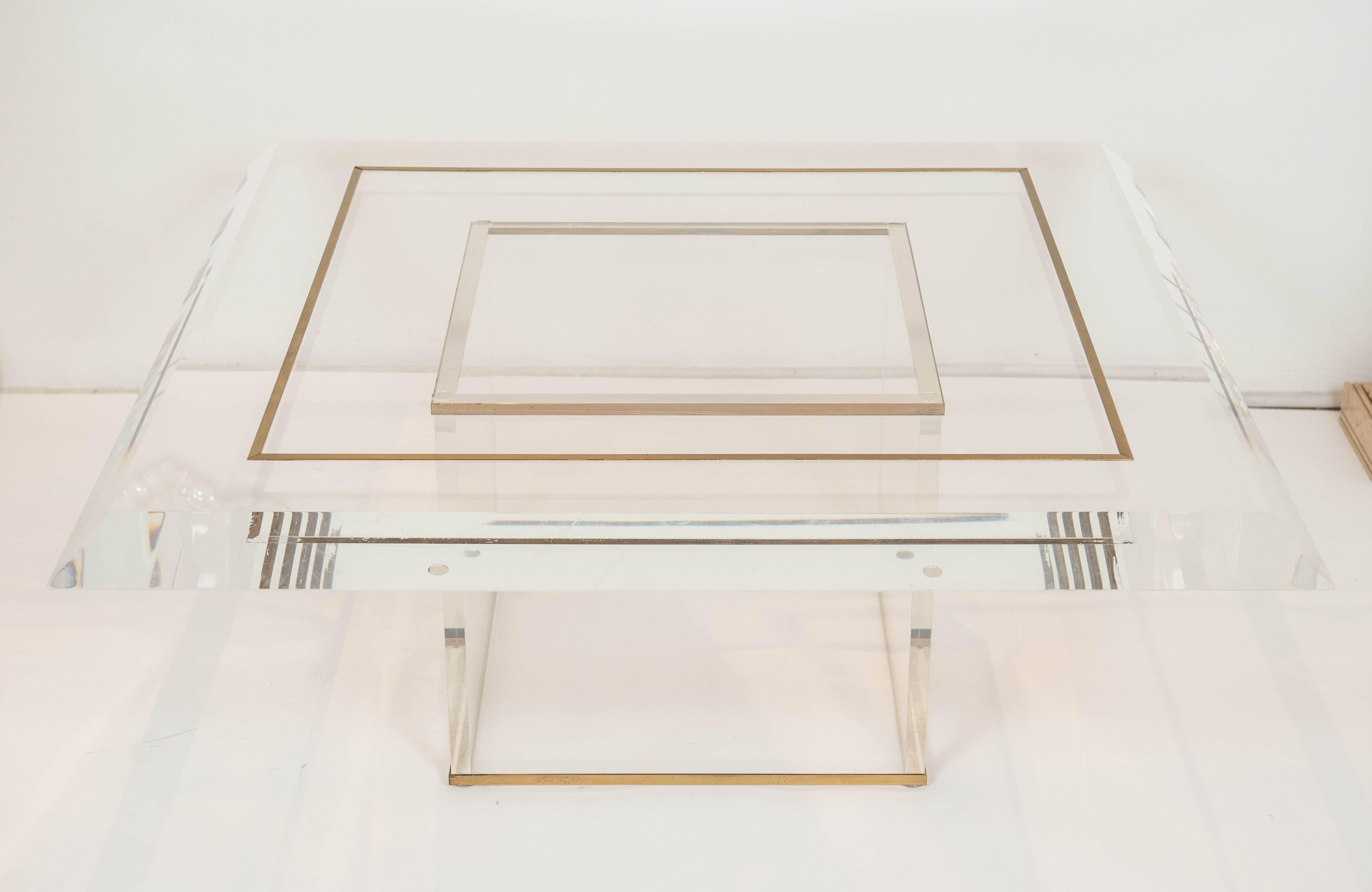 American Large Custom Acrylic Square Coffee Table with Brass Details