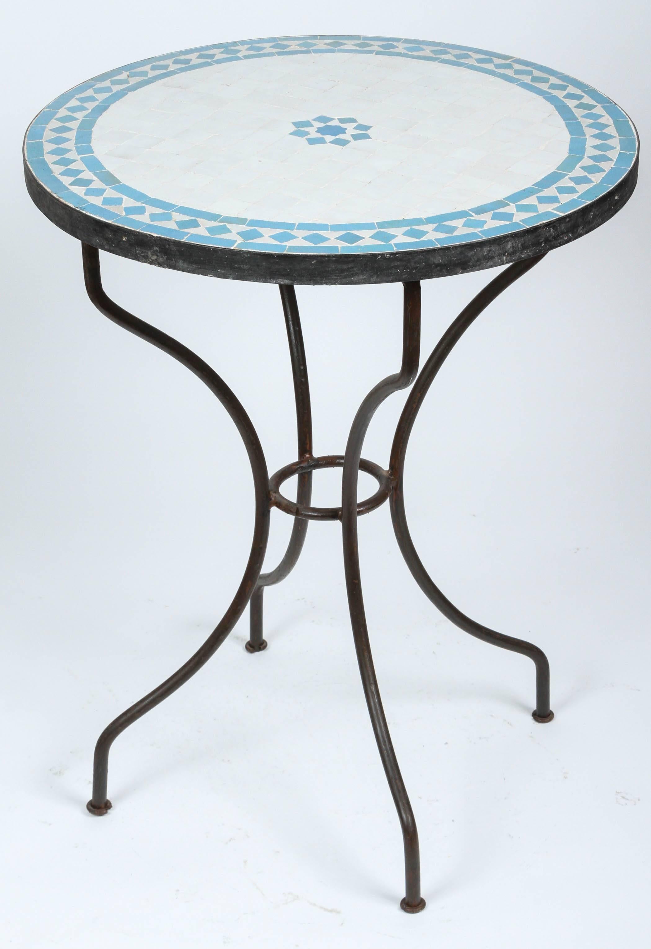 Hand-Crafted Moroccan Mosaic Turquoise Blue Tile Bistro Table Iron Base