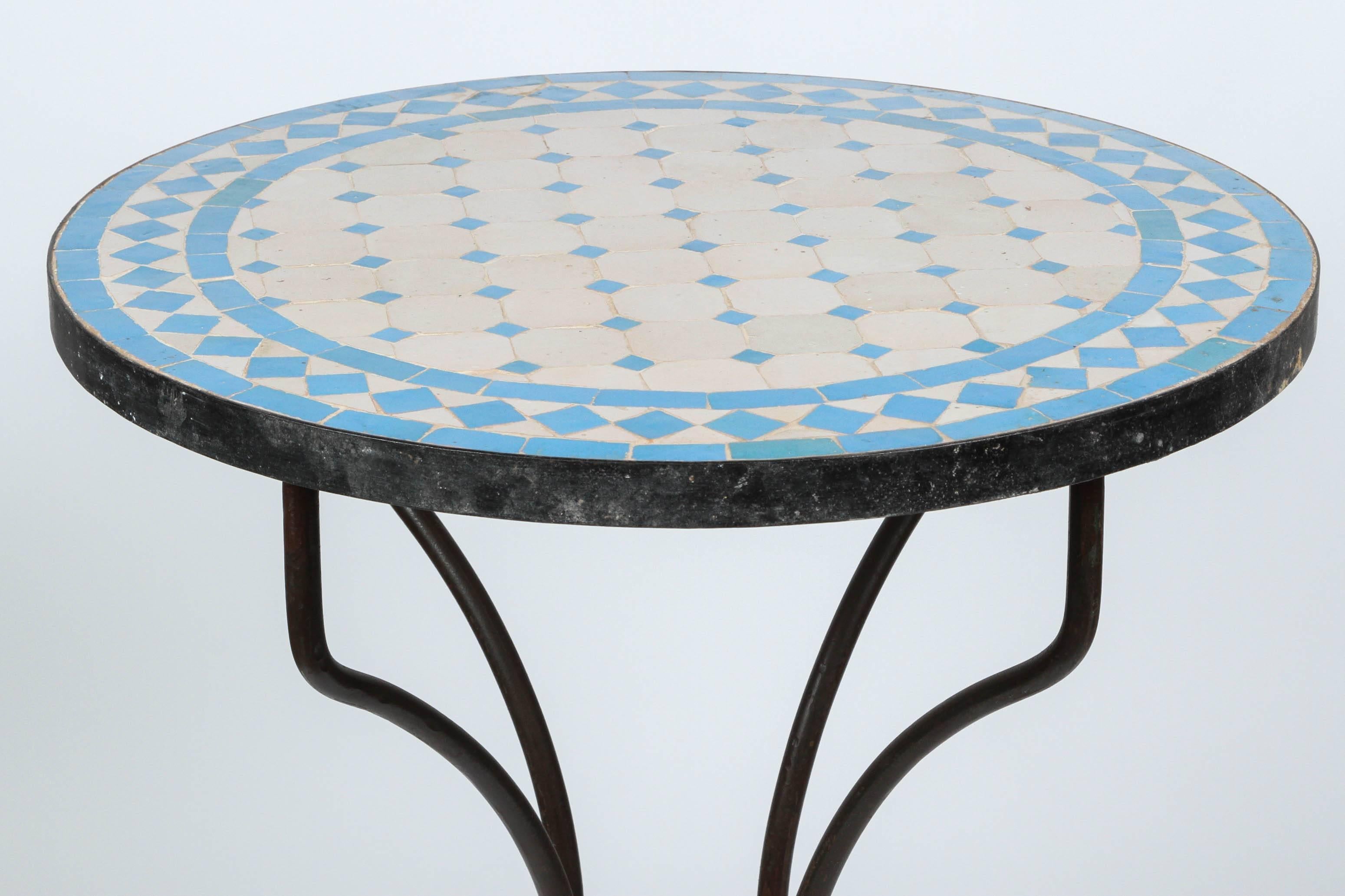 Hand-Carved Moroccan Mosaic Blue Tile Bistro Table on Iron Base