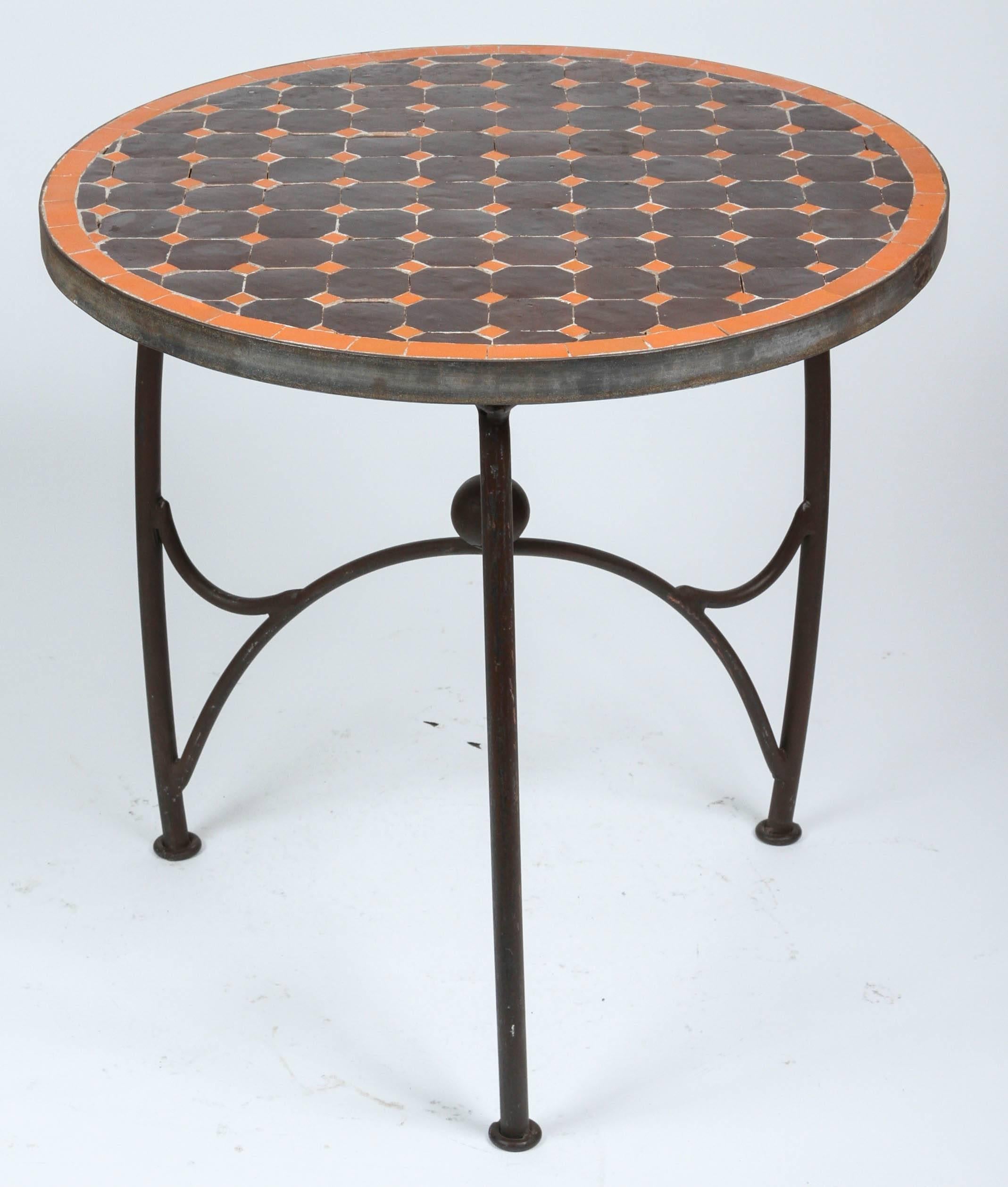 Hand-Carved Moroccan Mosaic Tile Table on Low Iron Base, Orange and Brown