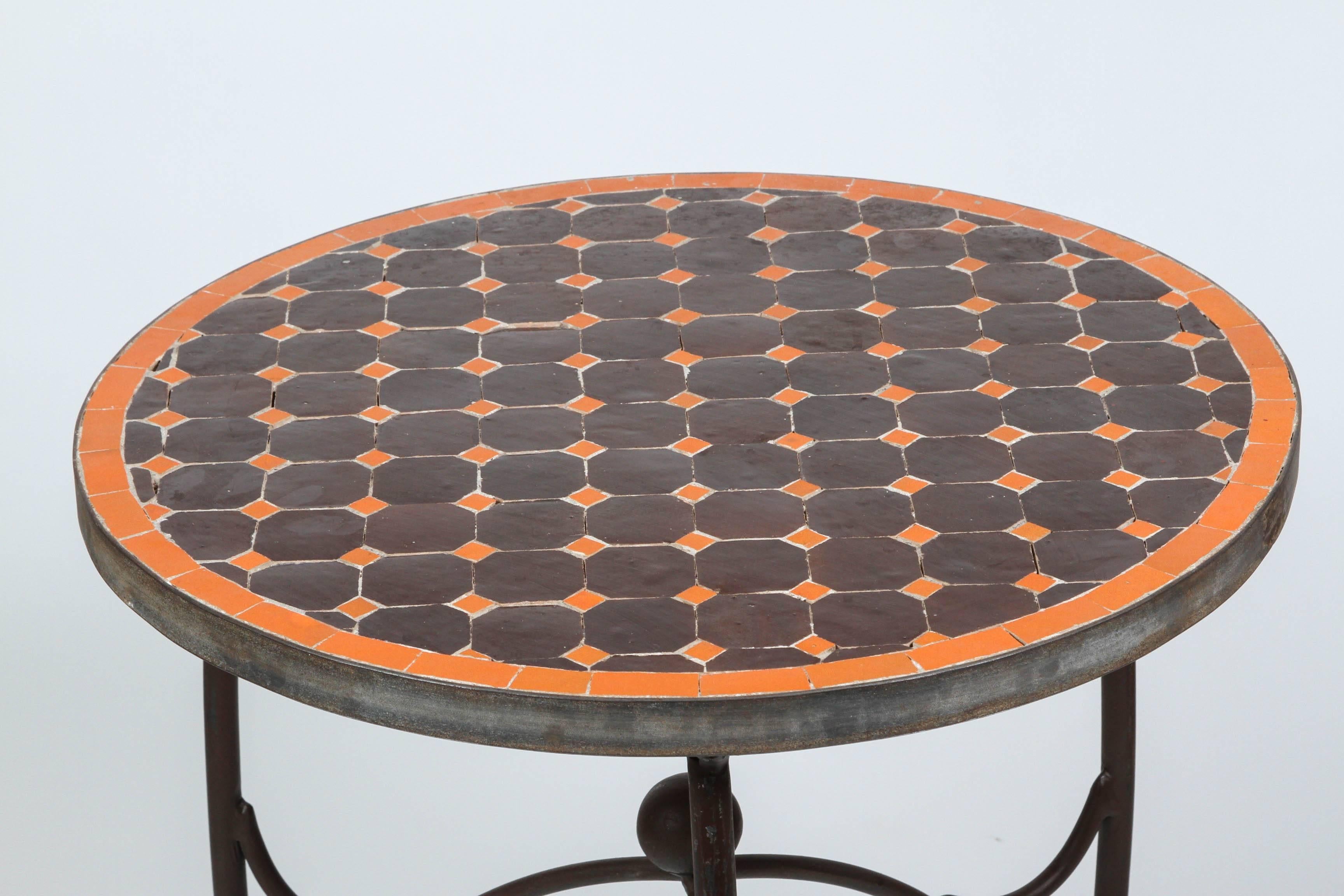 Moroccan Mosaic Tile Table on Low Iron Base, Orange and Brown In Good Condition In North Hollywood, CA