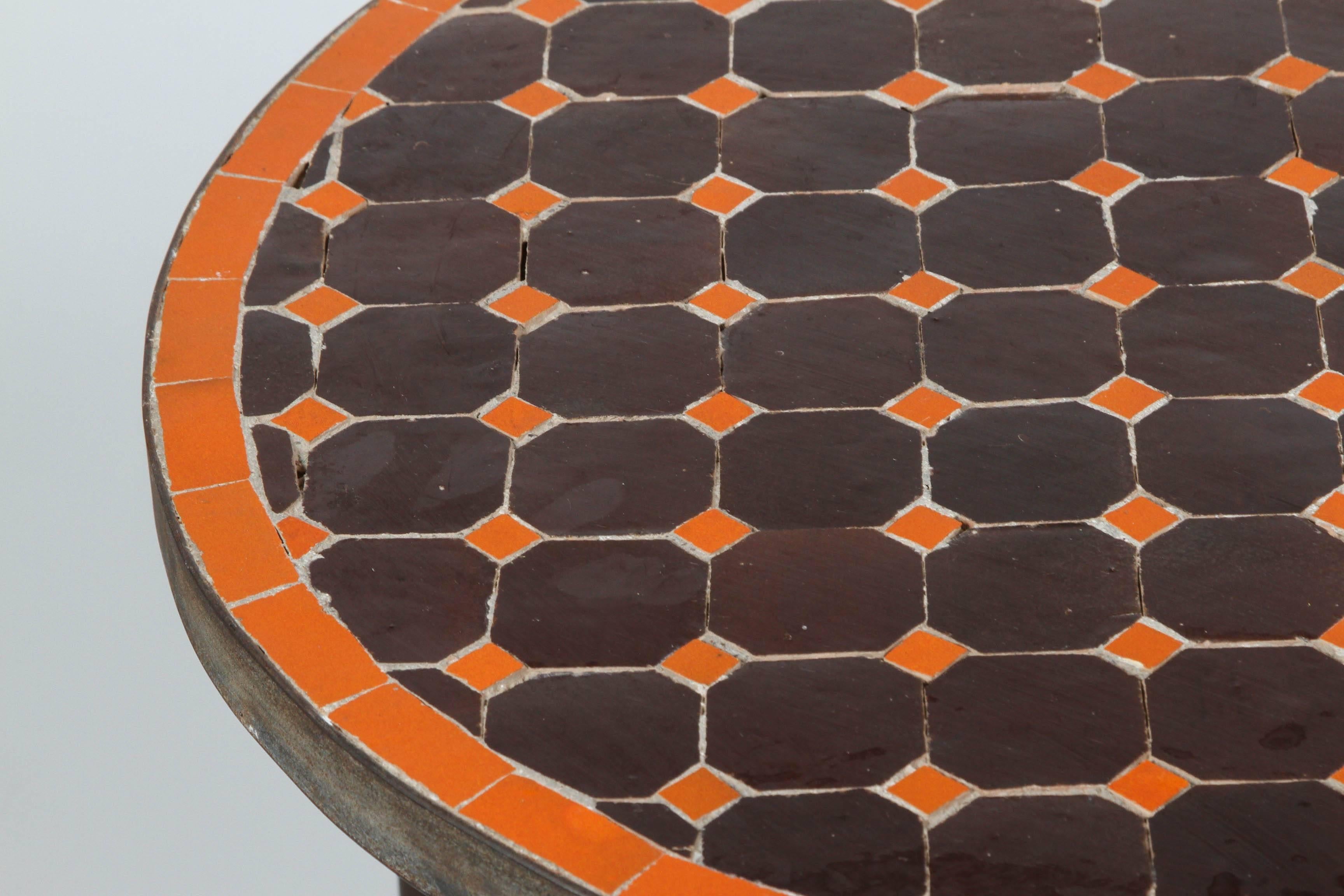 20th Century Moroccan Mosaic Tile Table on Low Iron Base, Orange and Brown