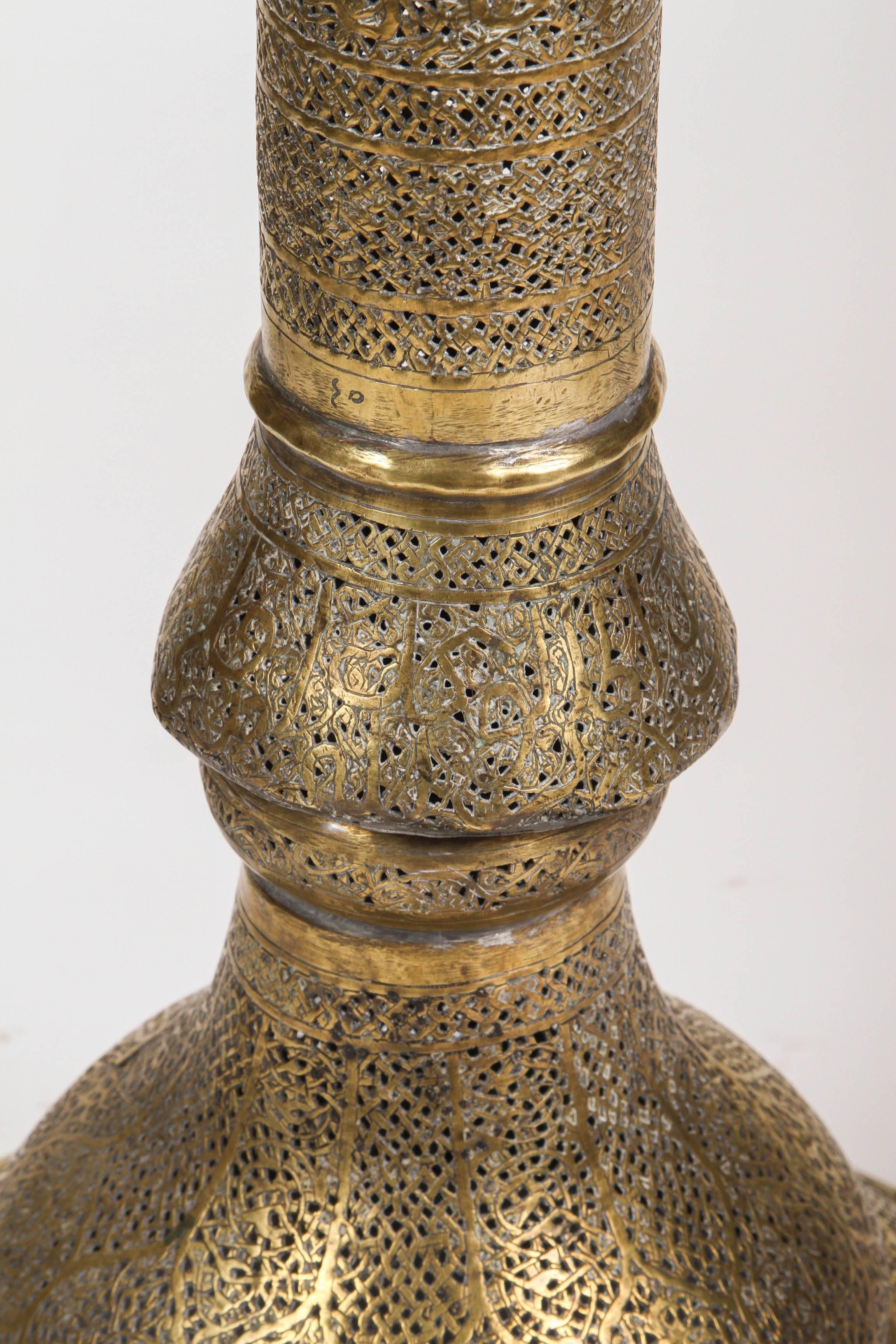 Hand-Carved Antique Islamic Brass Candleholder Floor Lamp