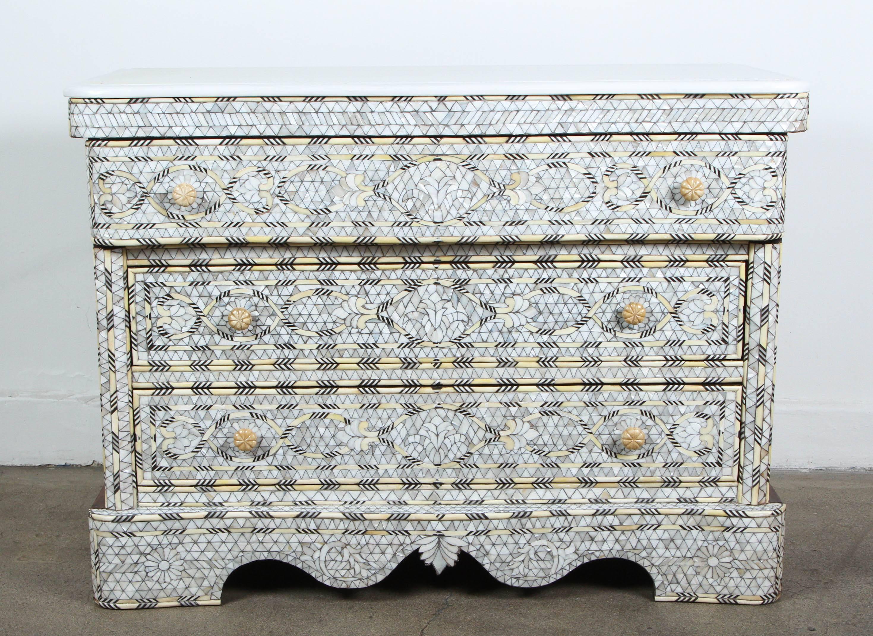 Pair of Syrian White Mother of Pearl Inlay Wedding Dressers 1