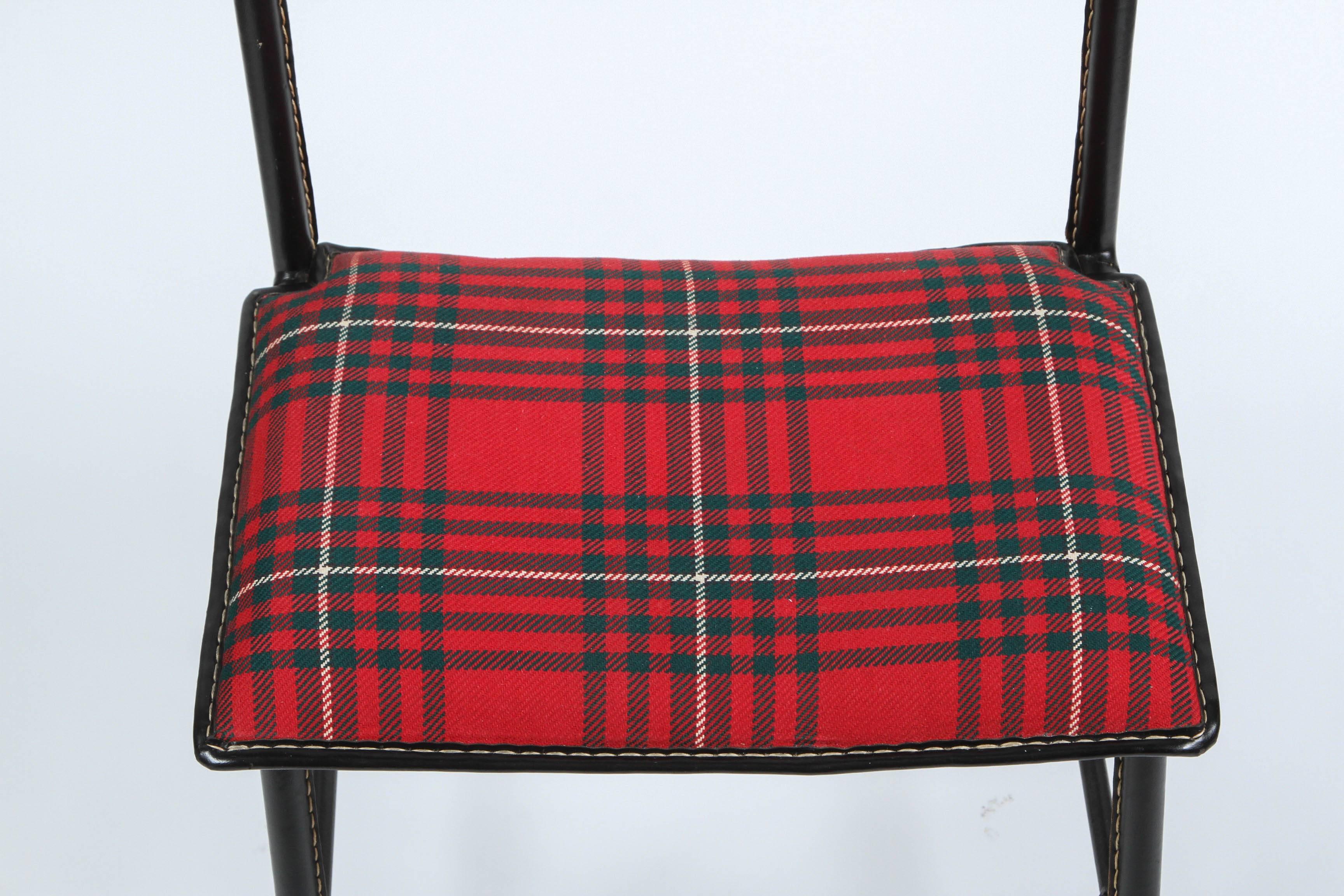 Mid-Century Modern Jacques Adnet Valet de Nuit Leather Wrapped, Original Tartan Plaid  Upholstery For Sale