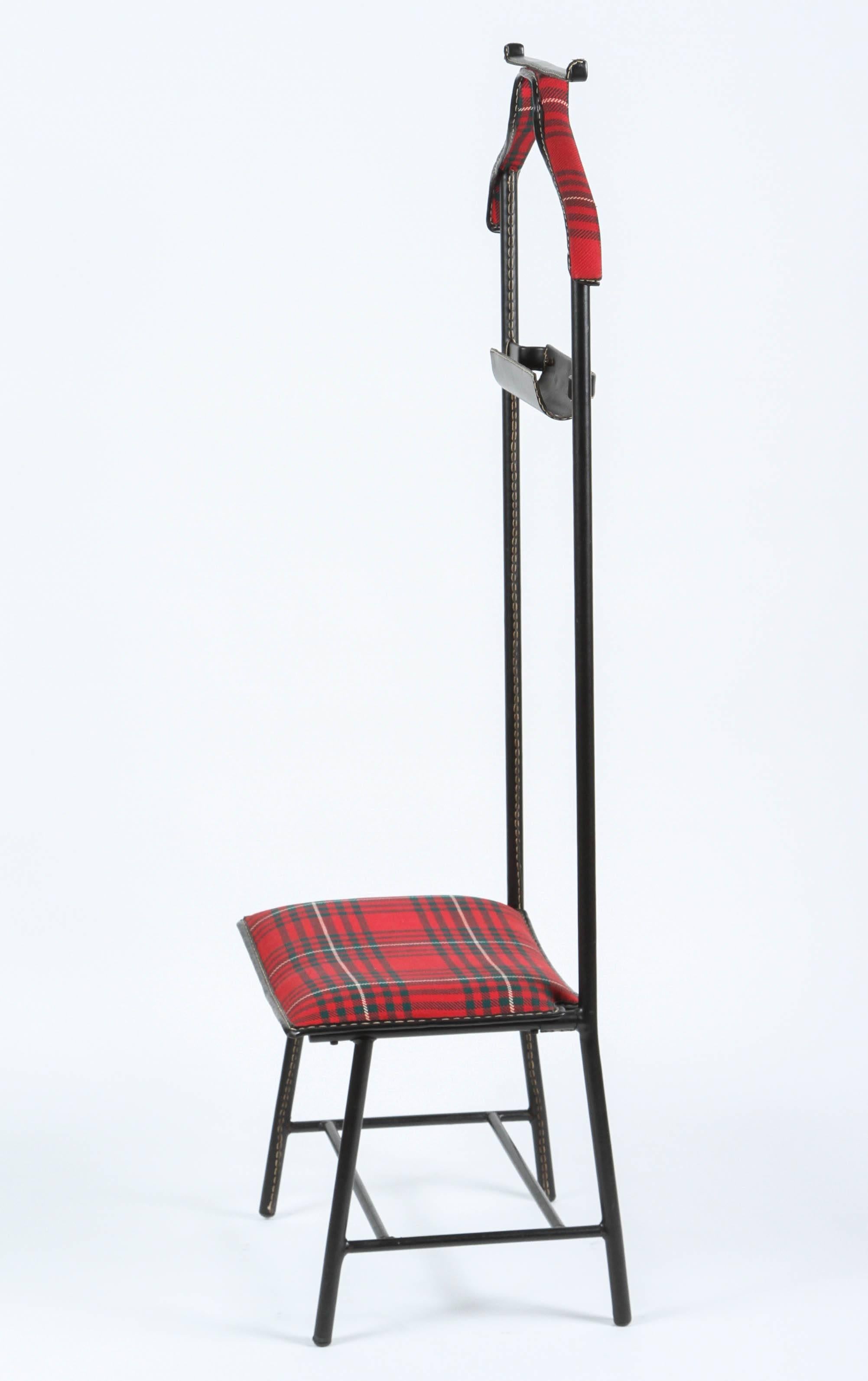 French Jacques Adnet Valet de Nuit Leather Wrapped, Original Tartan Plaid  Upholstery For Sale
