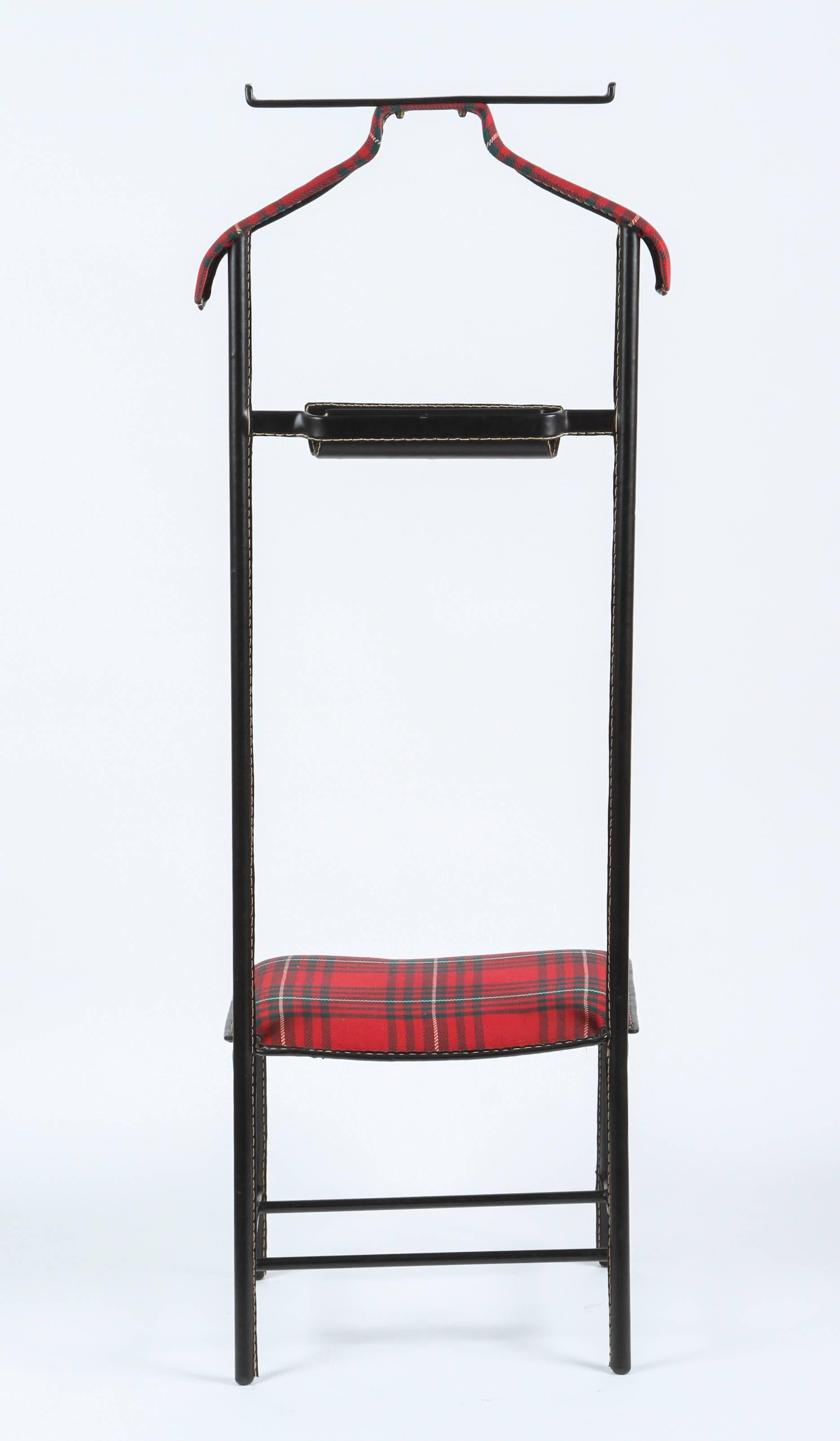 Hand-Crafted Jacques Adnet Valet de Nuit Leather Wrapped, Original Tartan Plaid  Upholstery For Sale