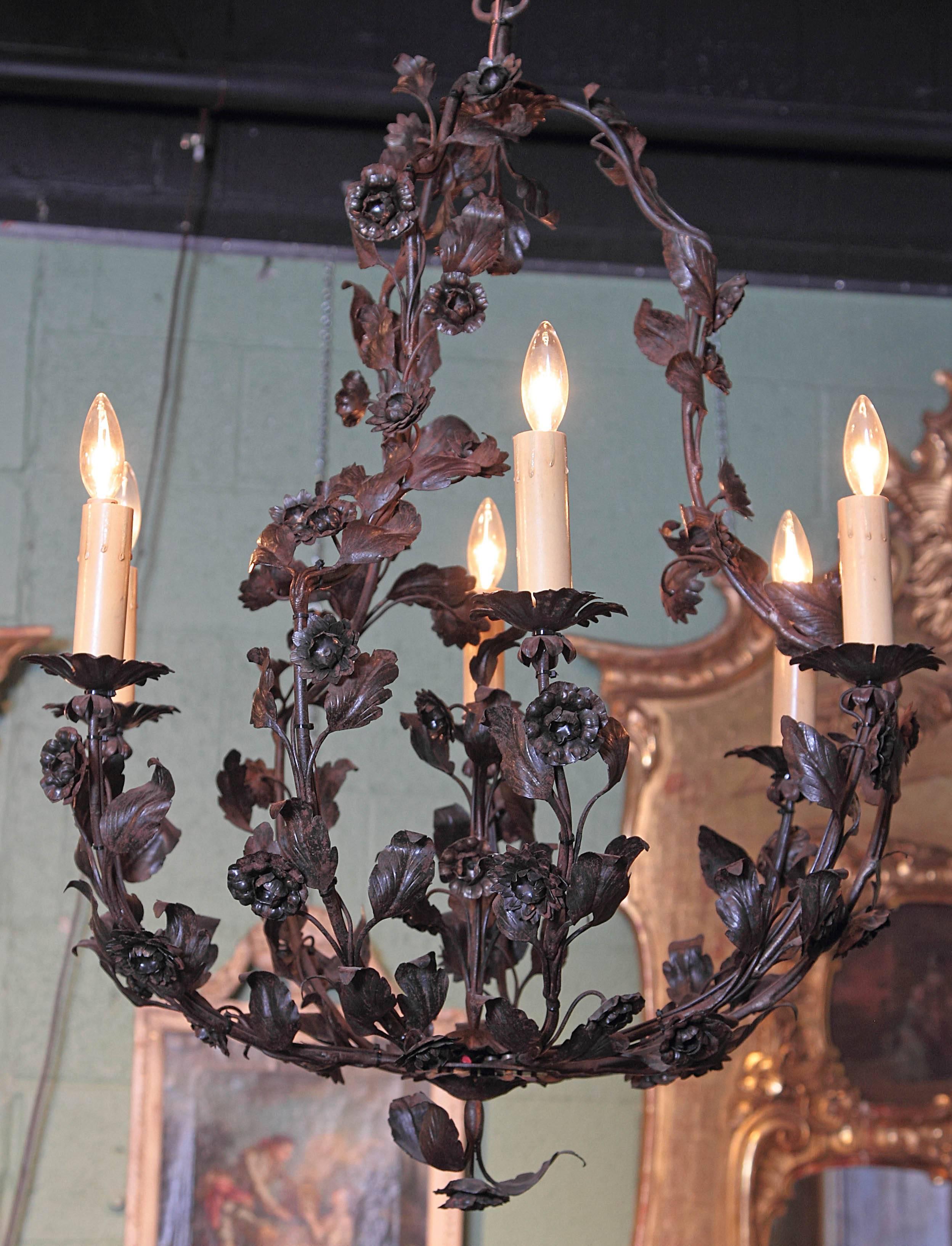 Hand-Crafted Early 20th Century French Six-Light Metal and Tole Chandelier with Flowers