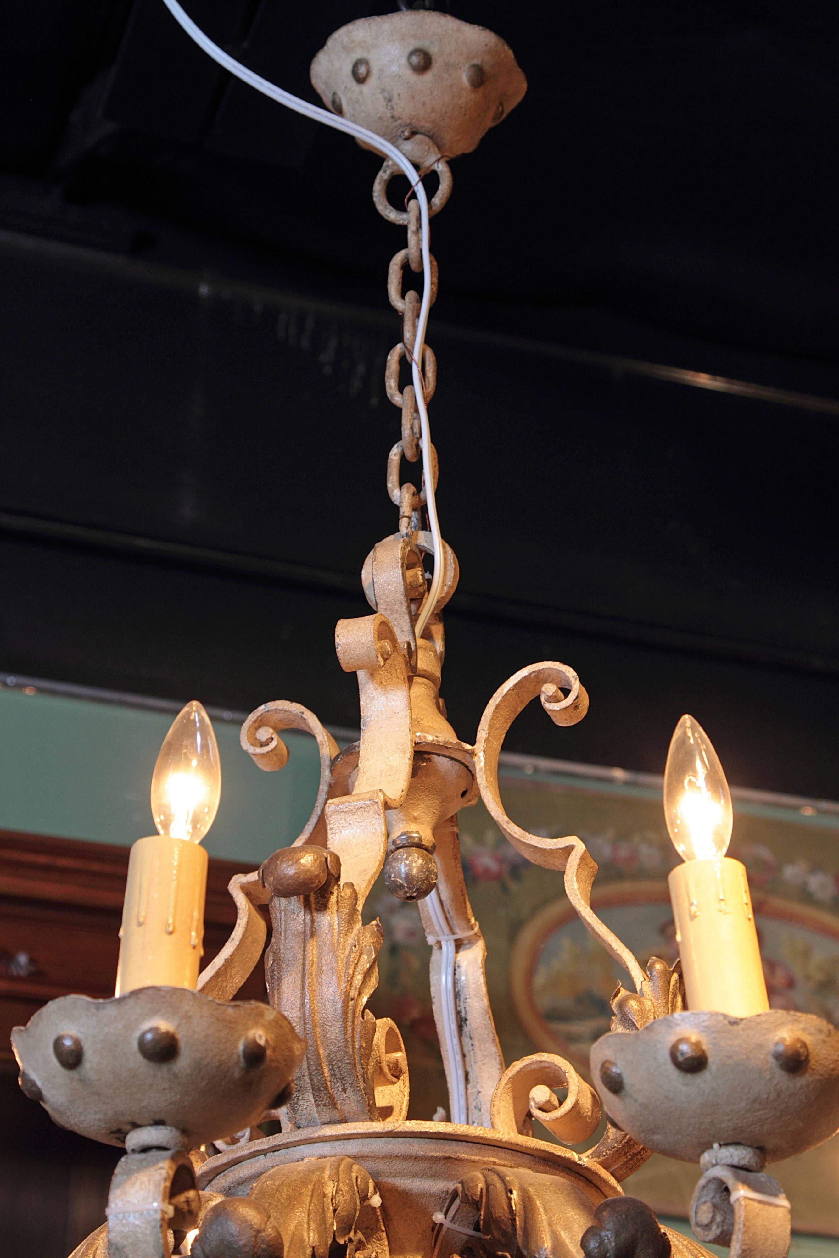 Forged Late 19th Century French Painted and Gilt Eight-Light Wrought Iron Chandelier