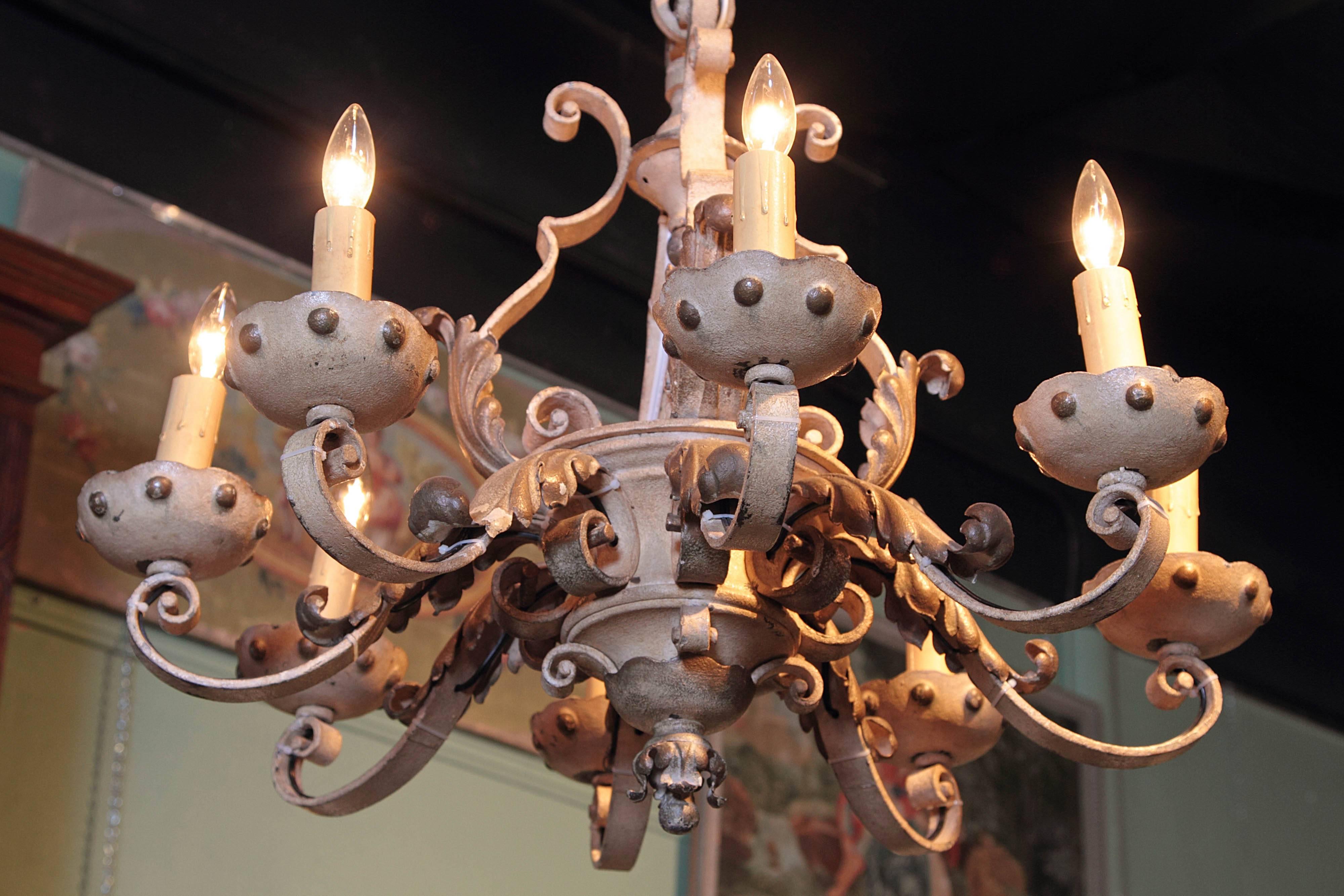 Late 19th Century French Painted and Gilt Eight-Light Wrought Iron Chandelier 5