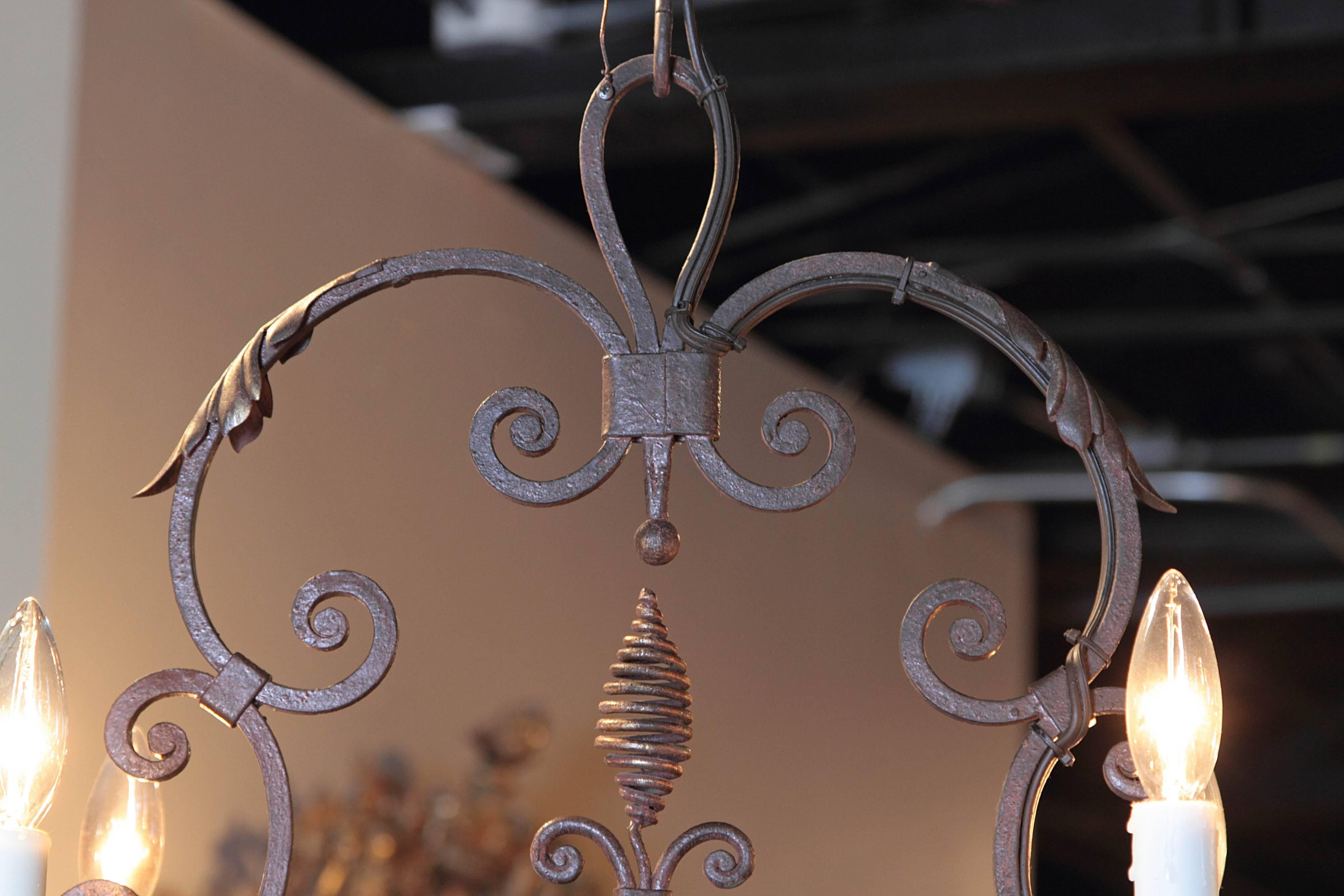 Early 20th Century French Verdigris Iron Six-Light Chandelier with Fleur-de-Lys In Excellent Condition In Dallas, TX