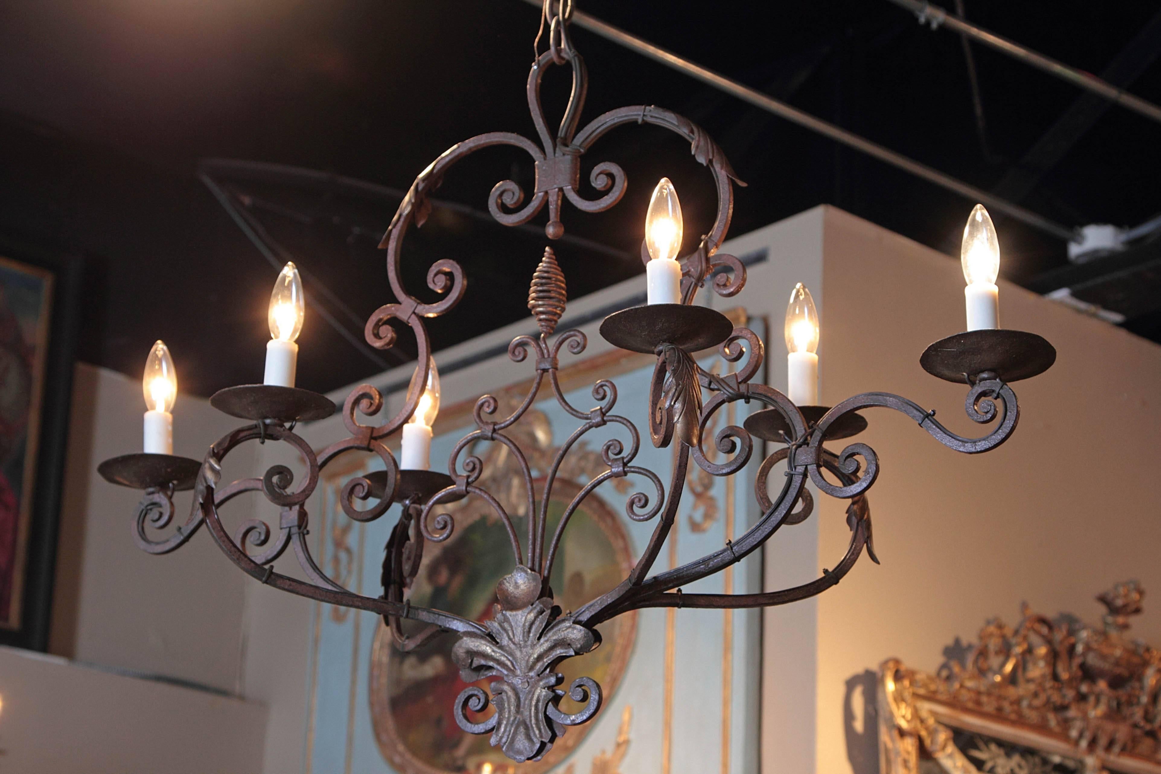 Early 20th Century French Verdigris Iron Six-Light Chandelier with Fleur-de-Lys 2
