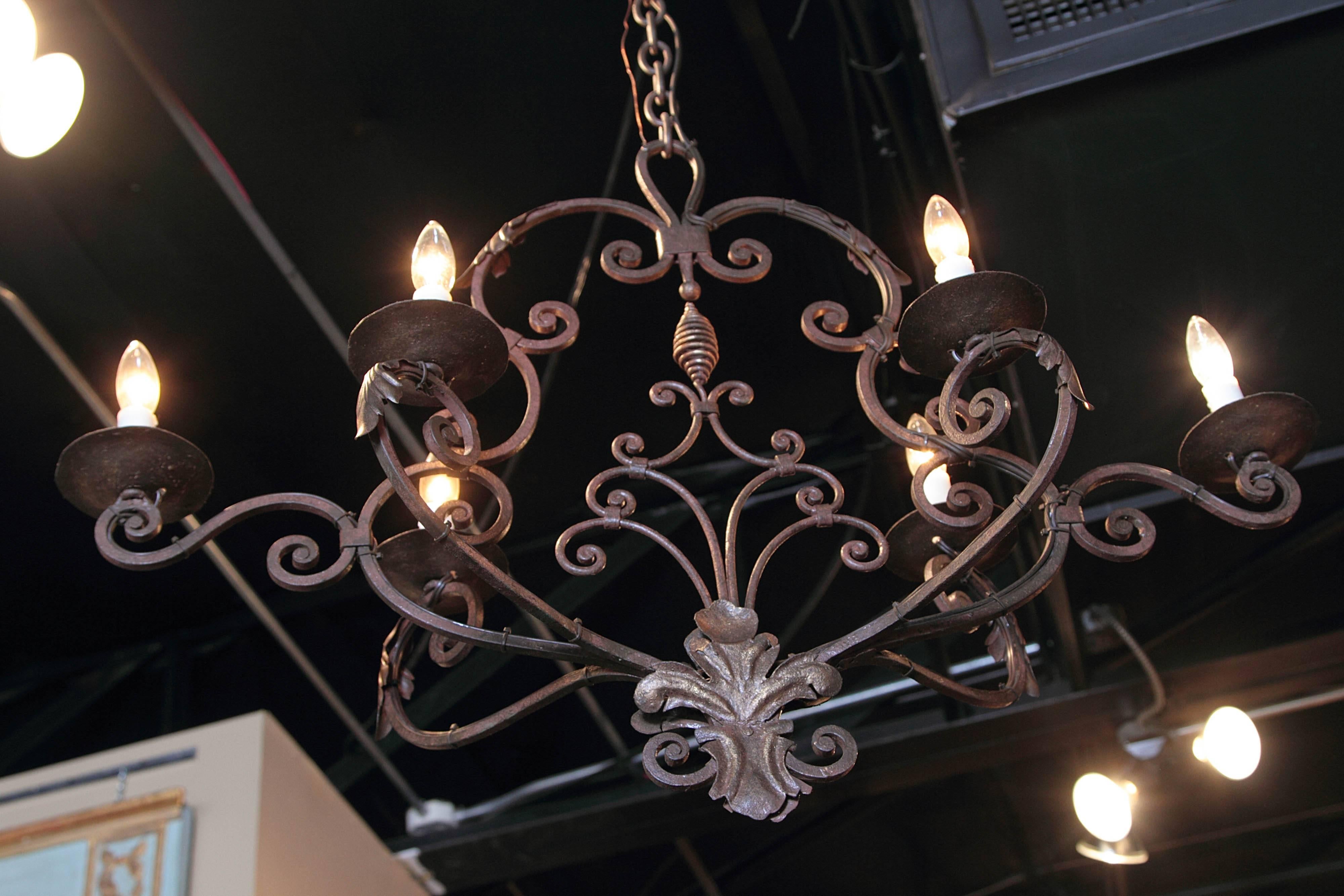 Early 20th Century French Verdigris Iron Six-Light Chandelier with Fleur-de-Lys 3