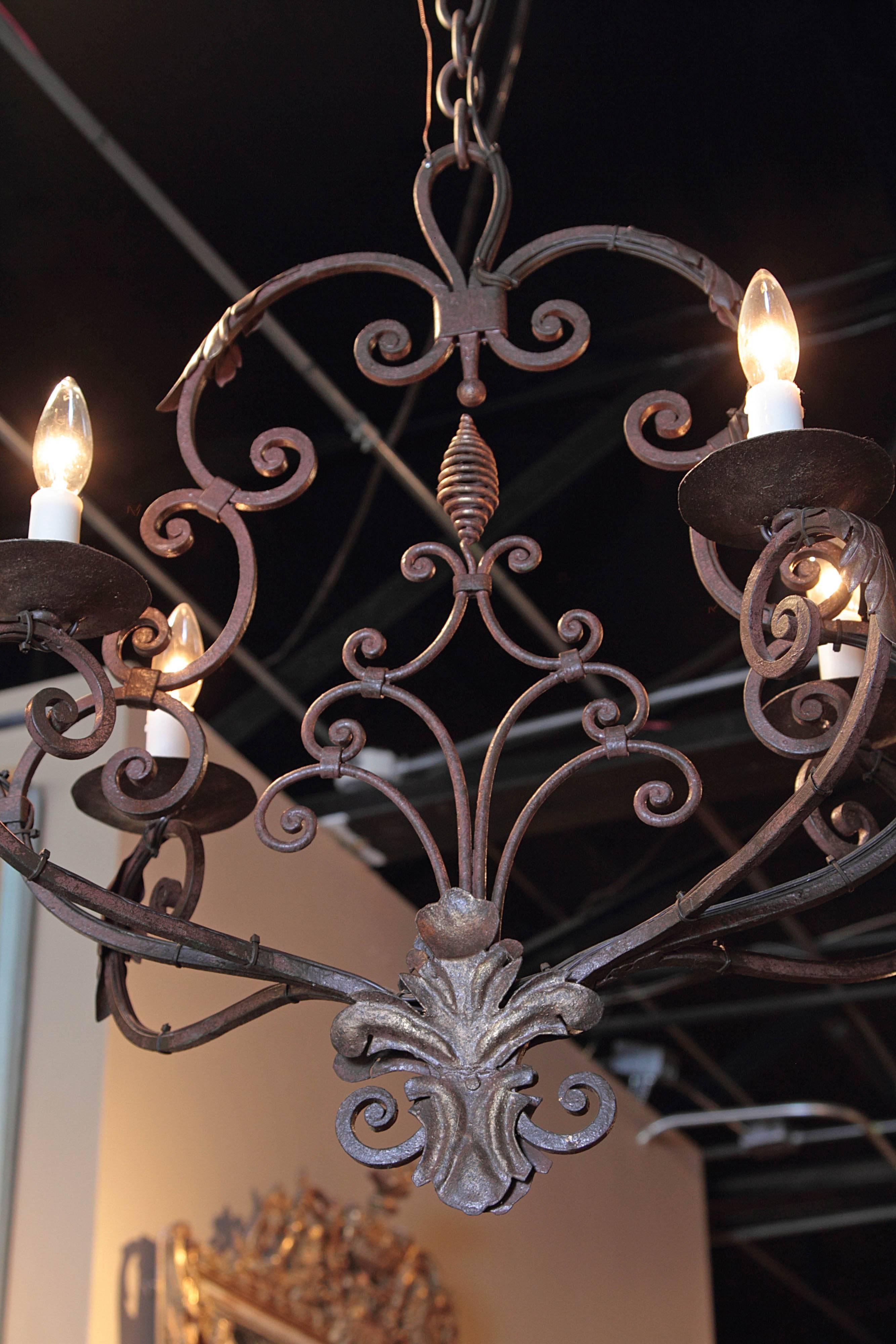 Early 20th Century French Verdigris Iron Six-Light Chandelier with Fleur-de-Lys 4