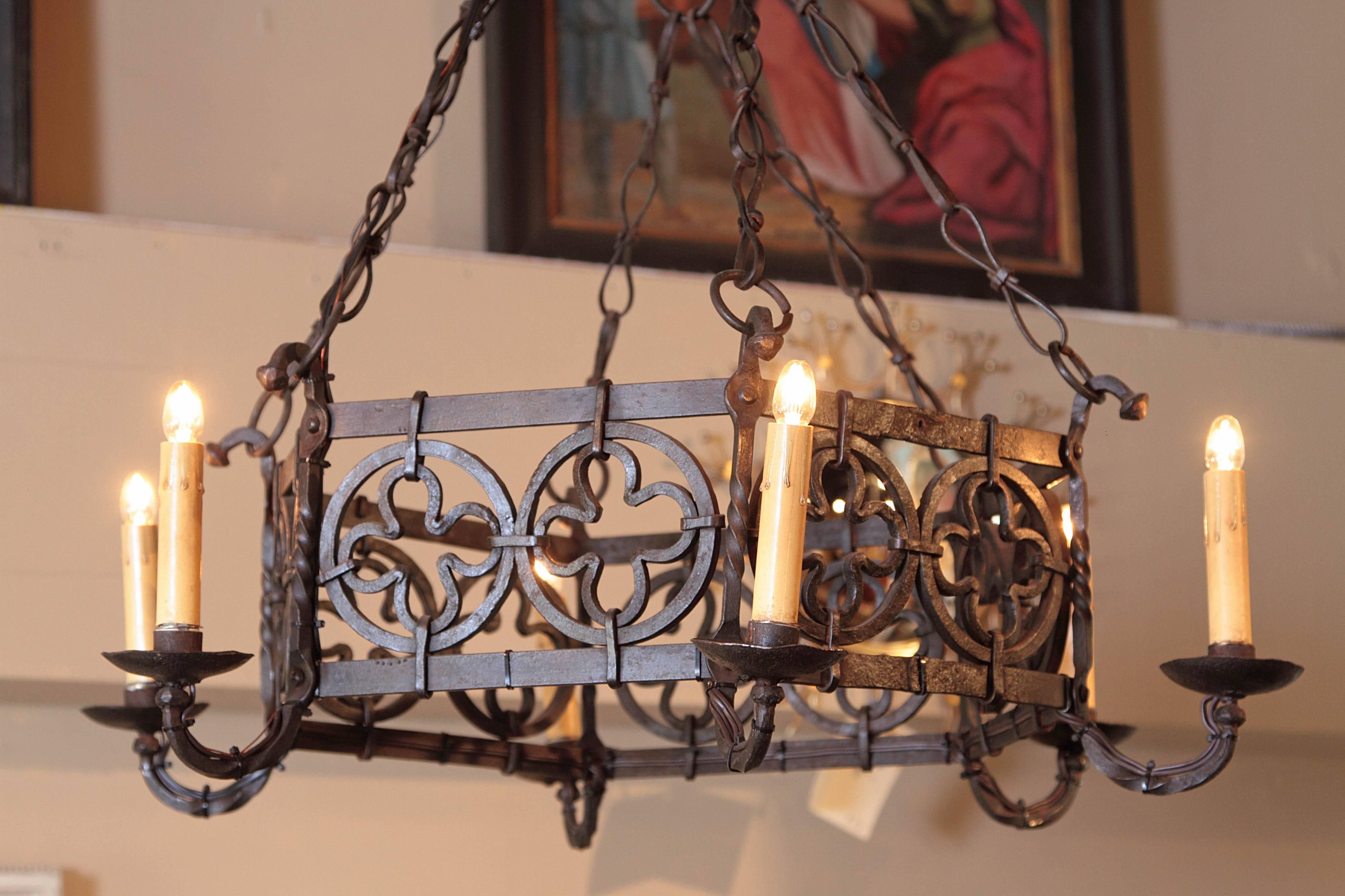 Forged 19th Century French Gothic Hexagonal Black Wrought Iron Six-Light Chandelier