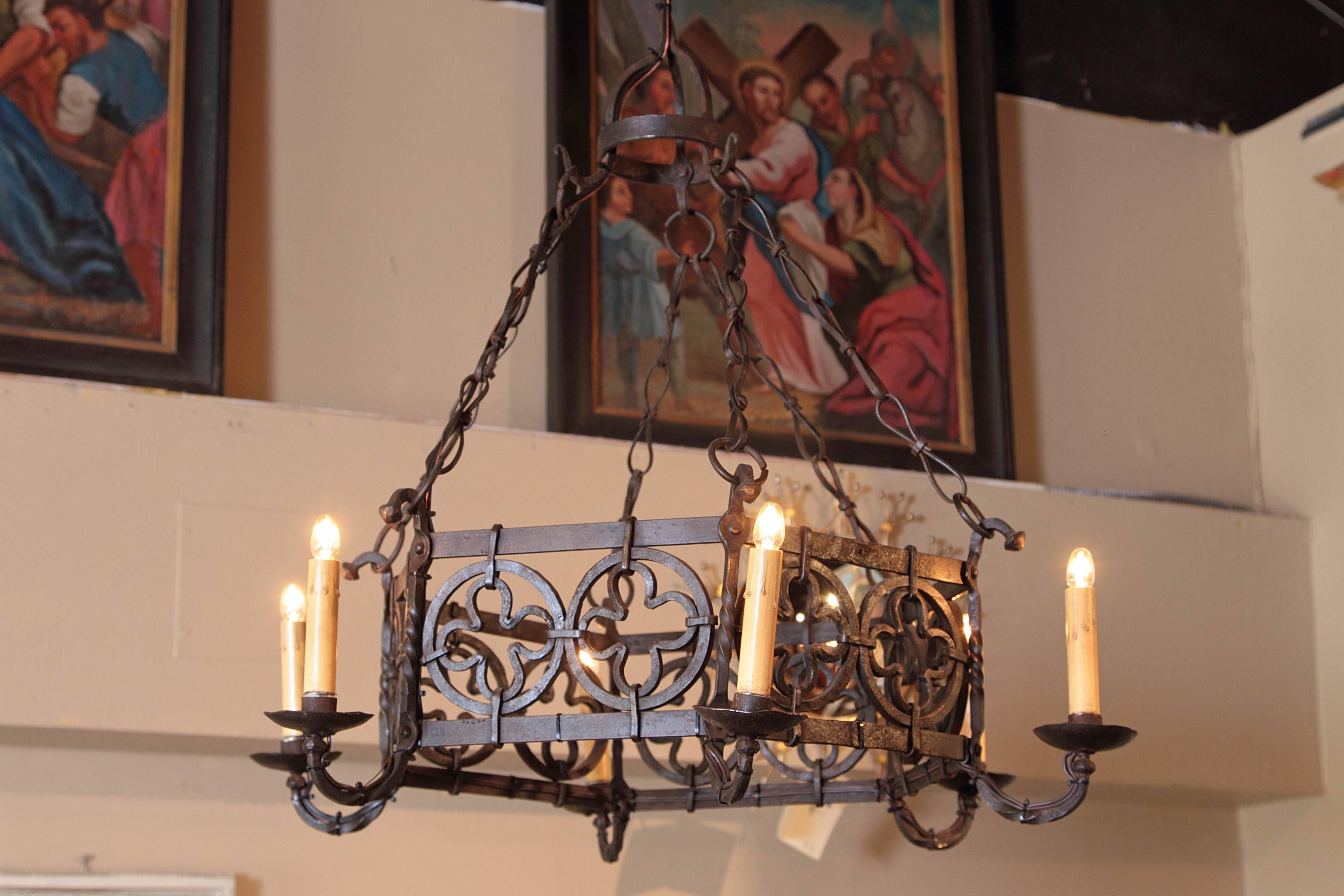 19th Century French Gothic Hexagonal Black Wrought Iron Six-Light Chandelier In Excellent Condition In Dallas, TX