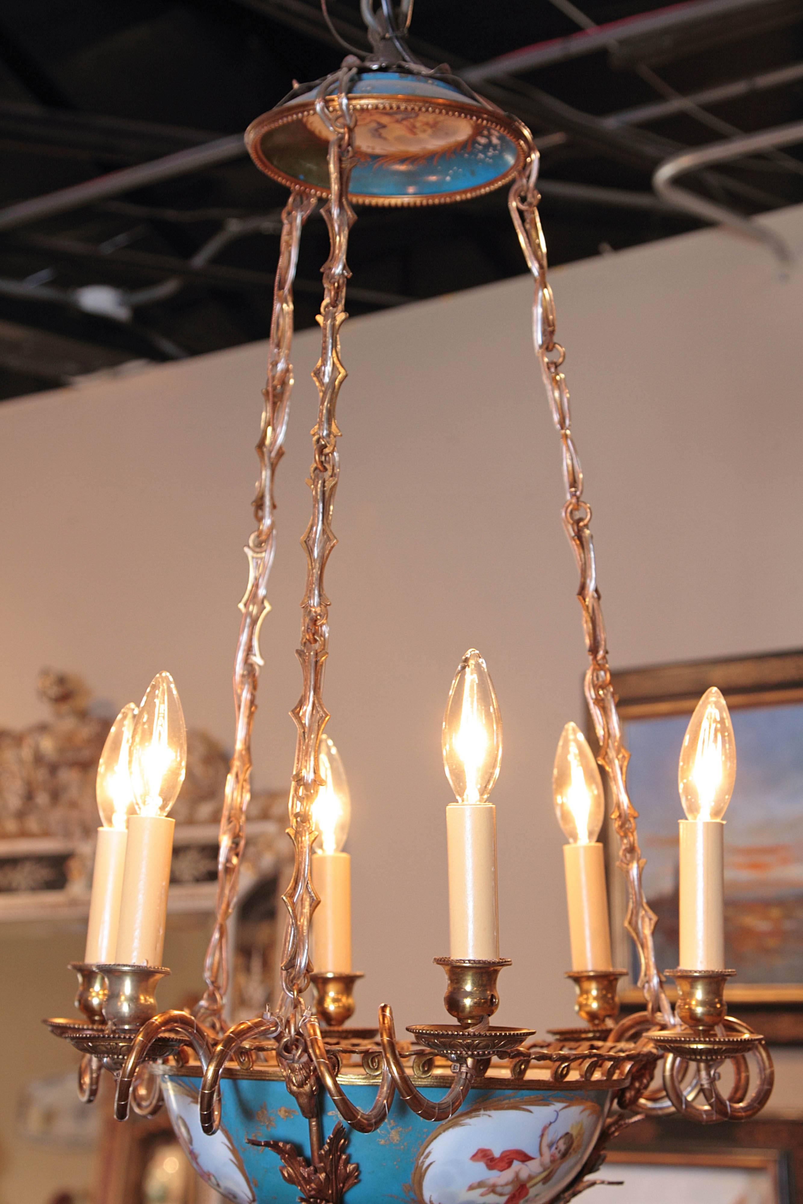 19th Century French Painted Porcelain and Brass Sevres Six-Light Chandelier 1