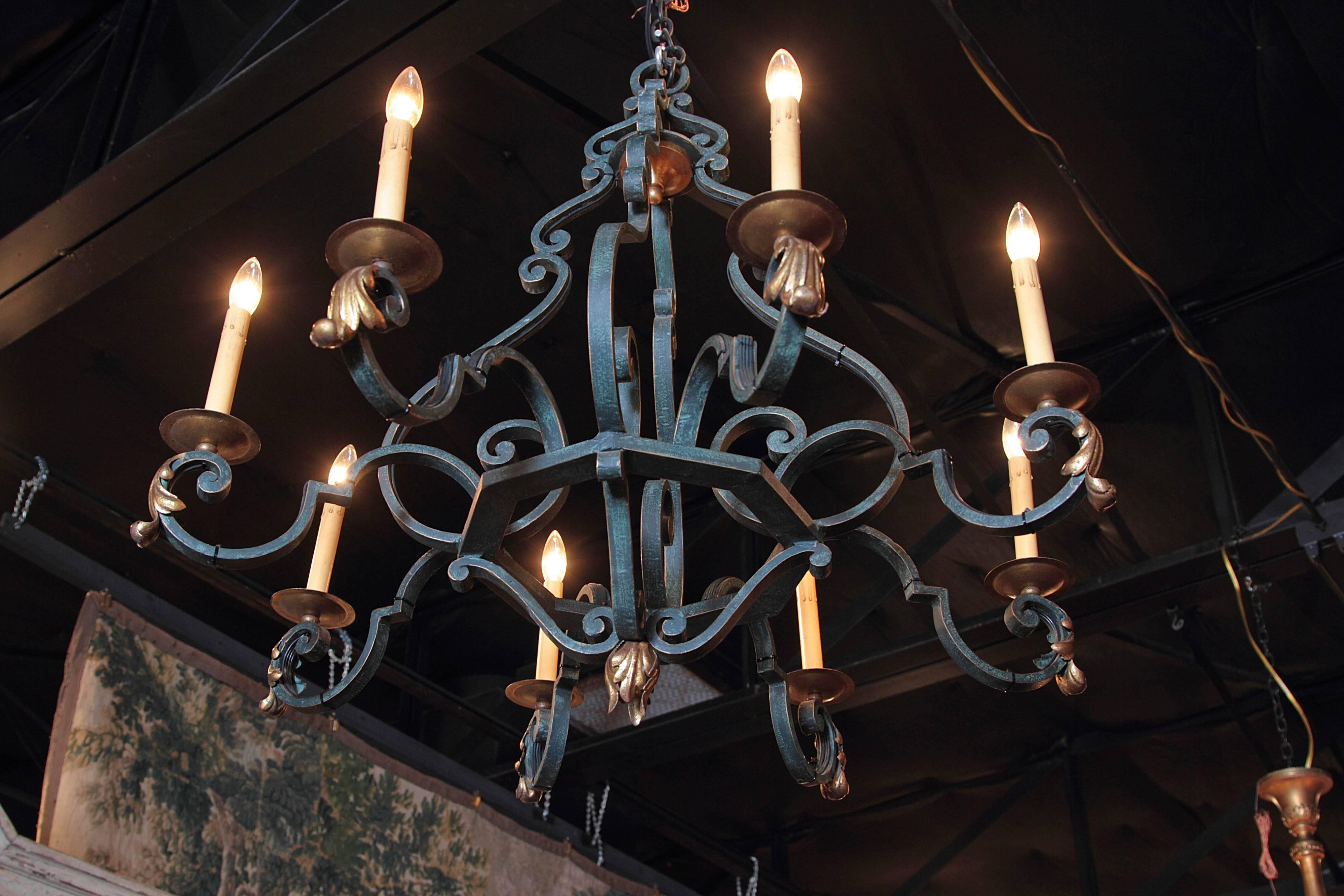 Mid-20th Century French Iron Eight-Light Chandelier with Verdigris Finish In Excellent Condition In Dallas, TX
