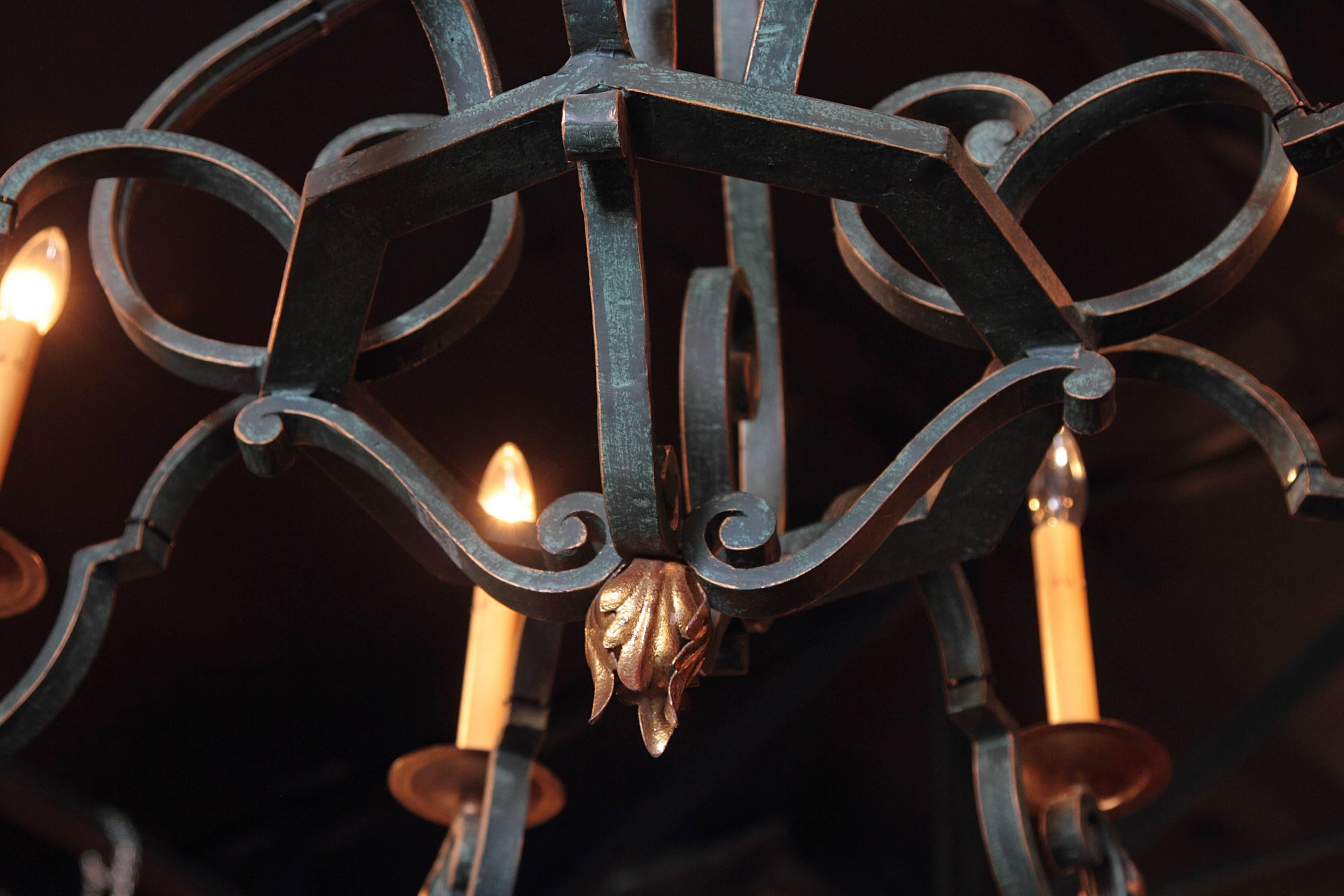 Wrought Iron Mid-20th Century French Iron Eight-Light Chandelier with Verdigris Finish