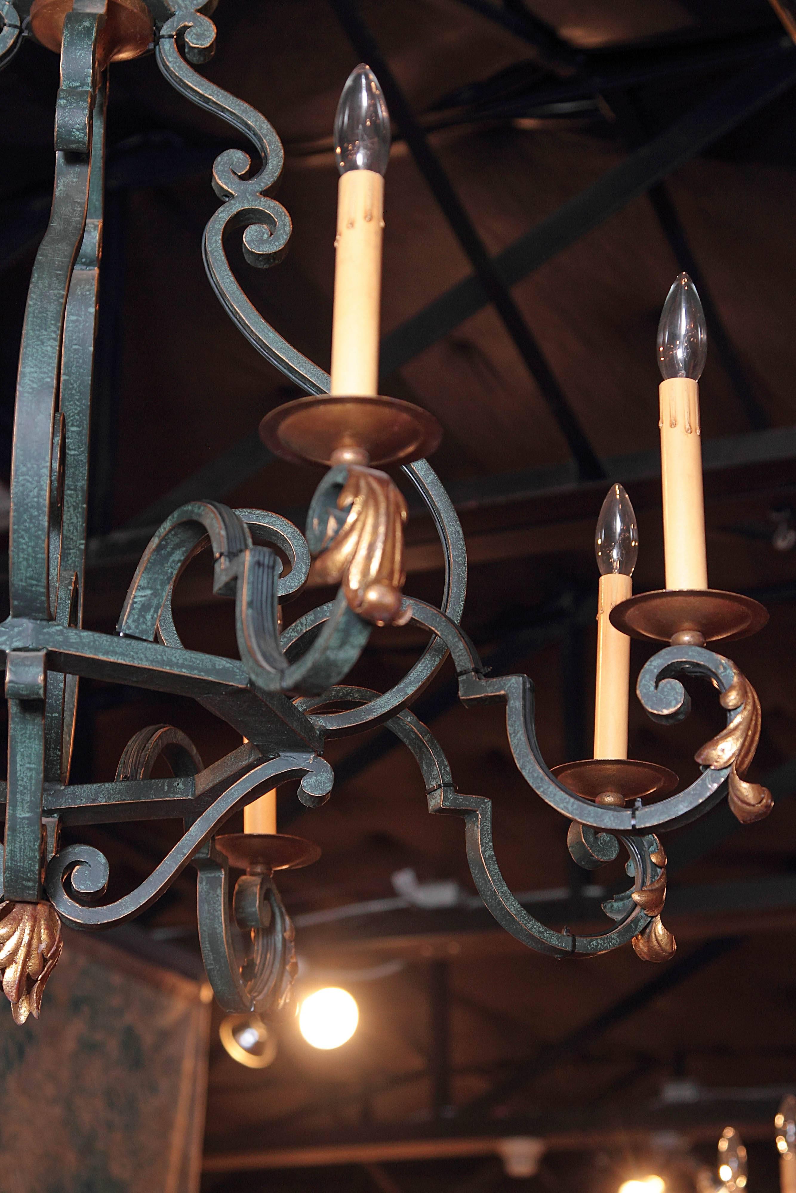 Mid-20th Century French Iron Eight-Light Chandelier with Verdigris Finish 2