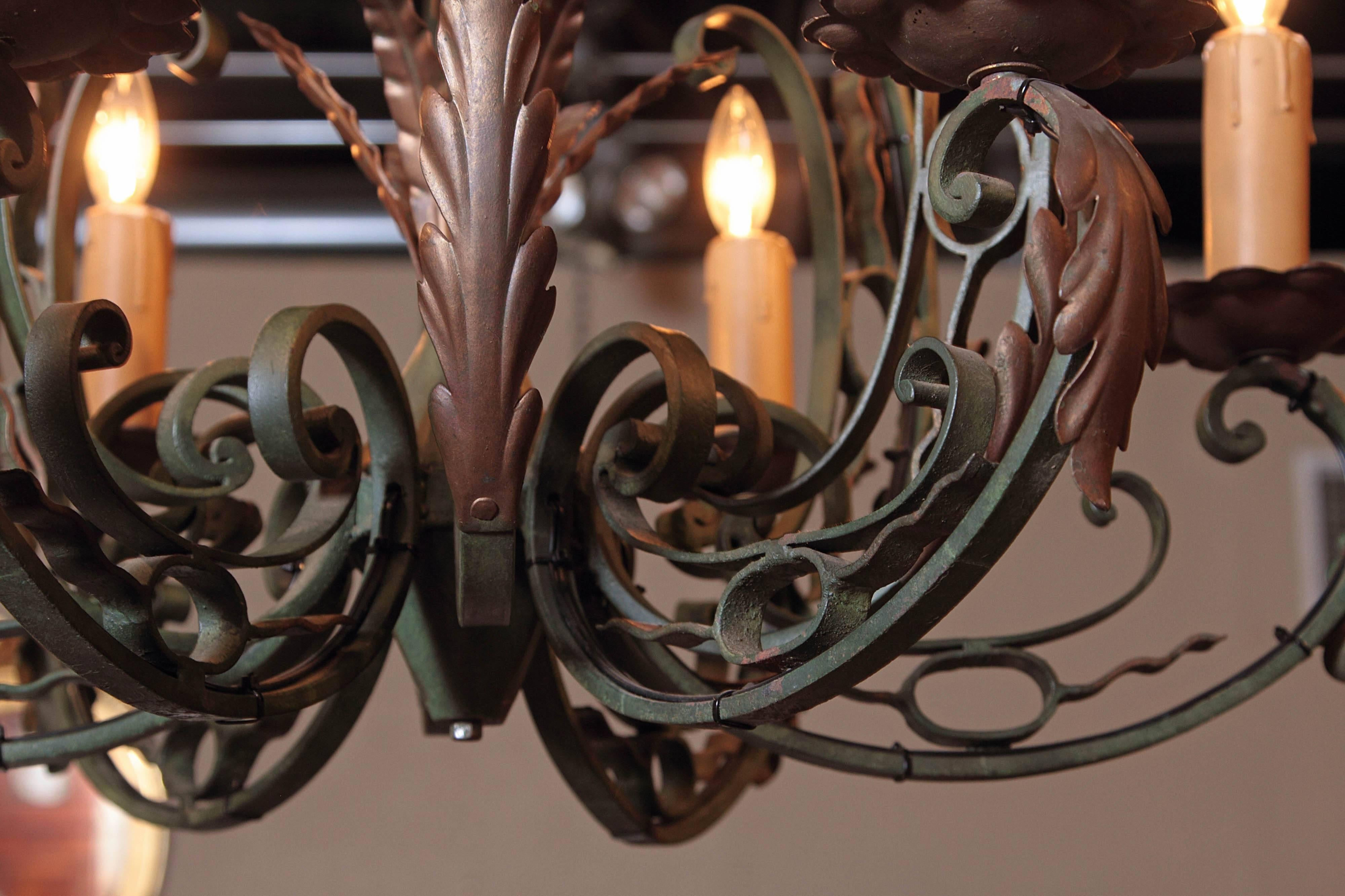 Early 20th Century French Verdigris Six-Light Iron Chandelier In Excellent Condition In Dallas, TX