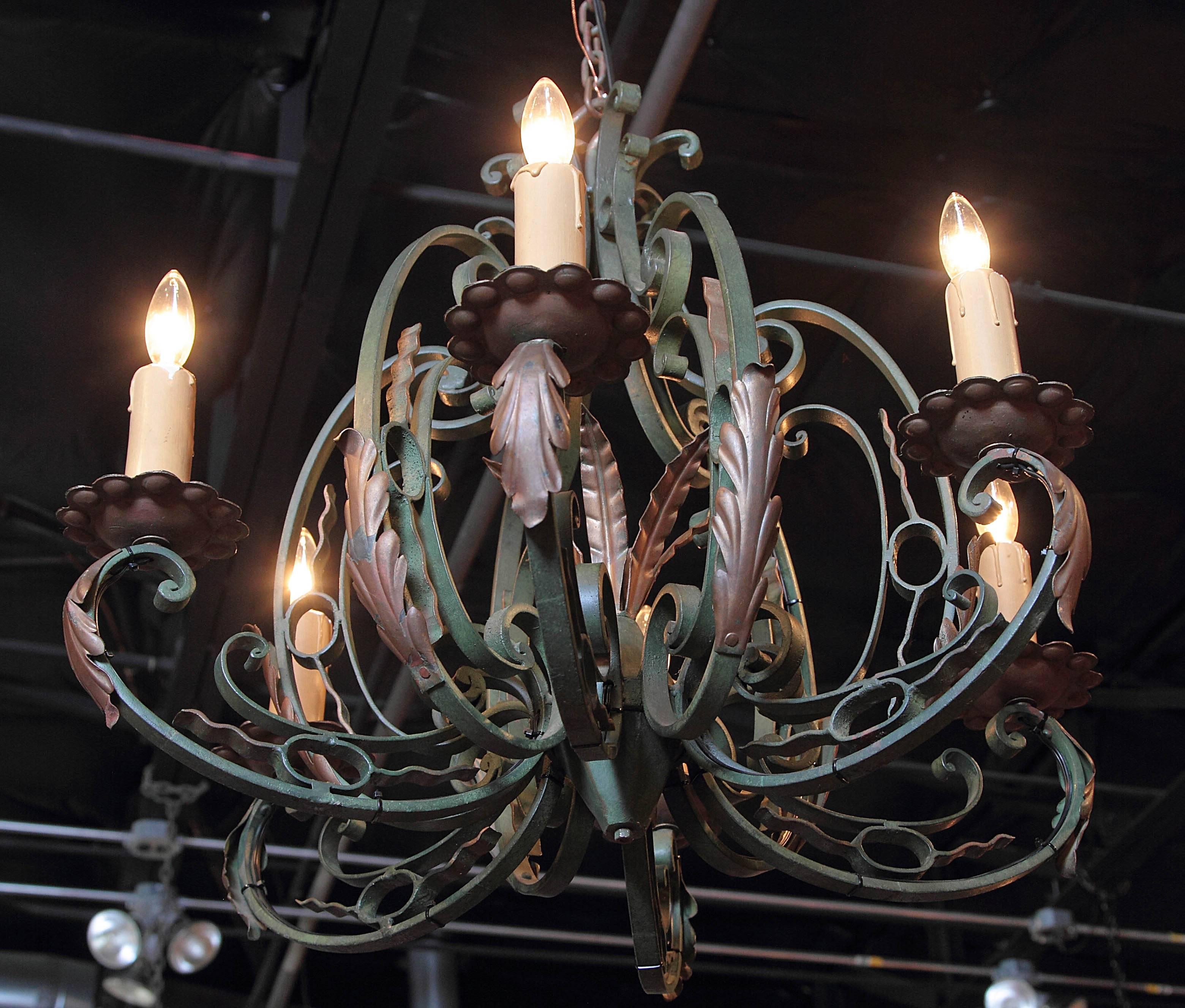 Early 20th Century French Verdigris Six-Light Iron Chandelier 1
