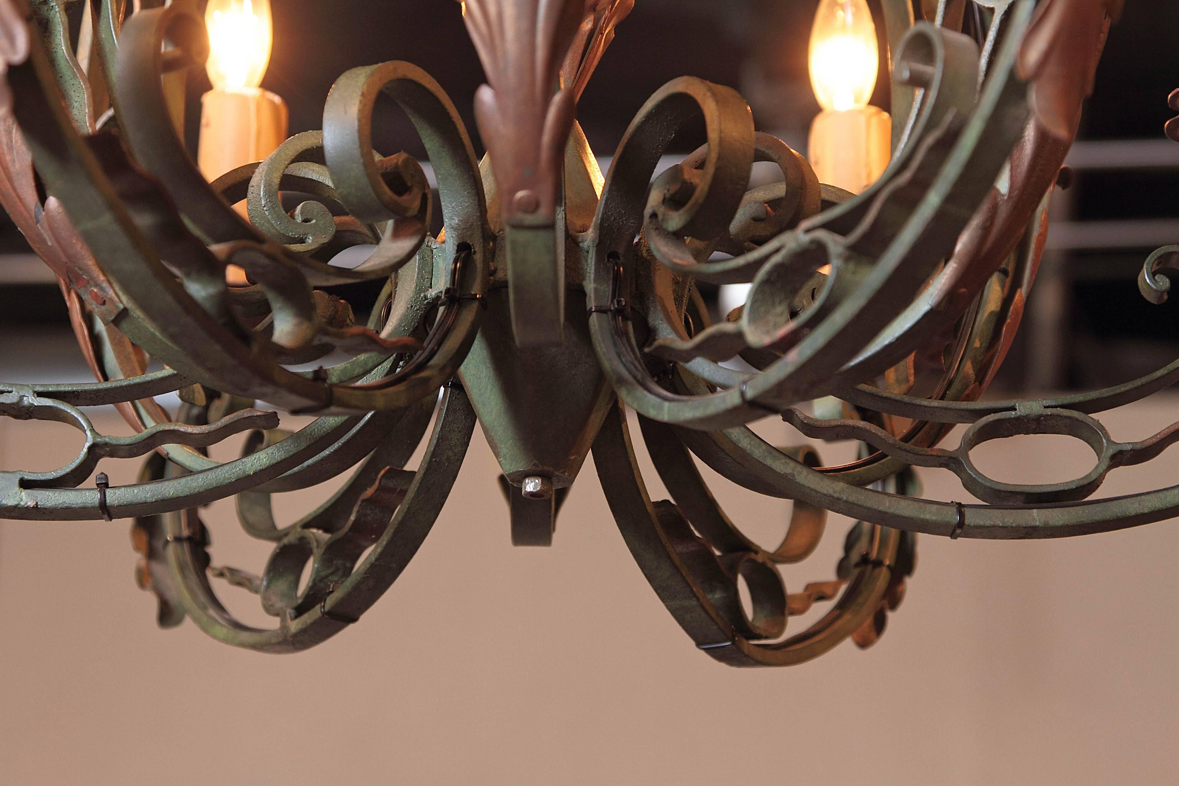 Early 20th Century French Verdigris Six-Light Iron Chandelier 2