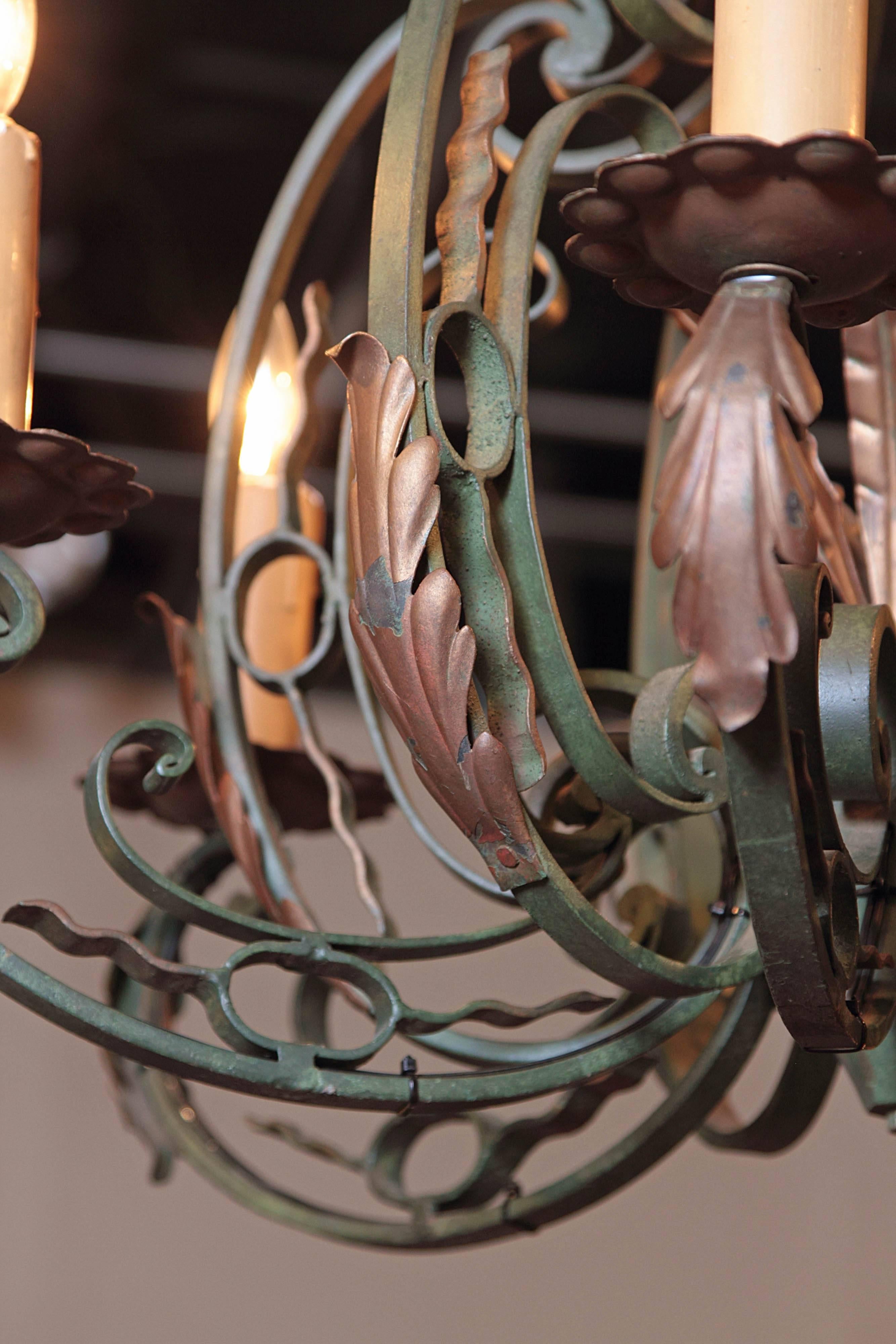 Early 20th Century French Verdigris Six-Light Iron Chandelier 3