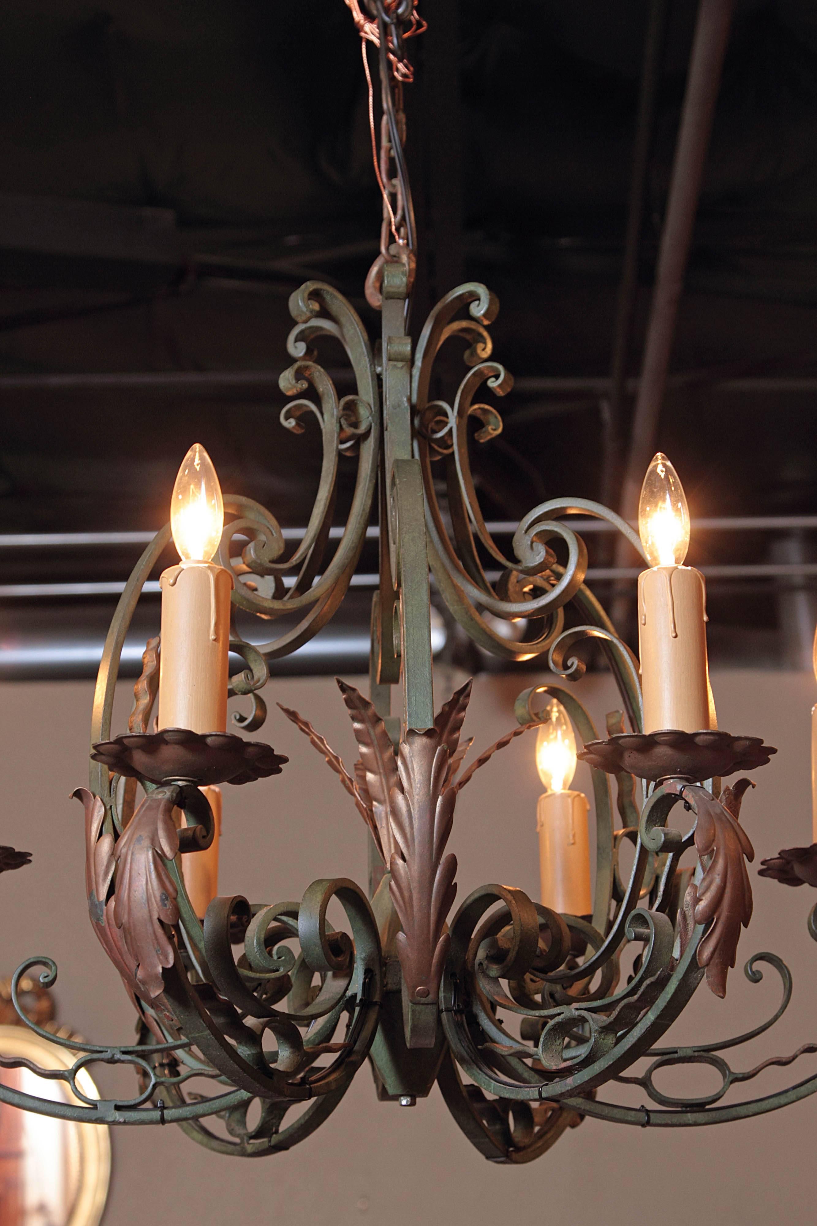 Early 20th Century French Verdigris Six-Light Iron Chandelier 4