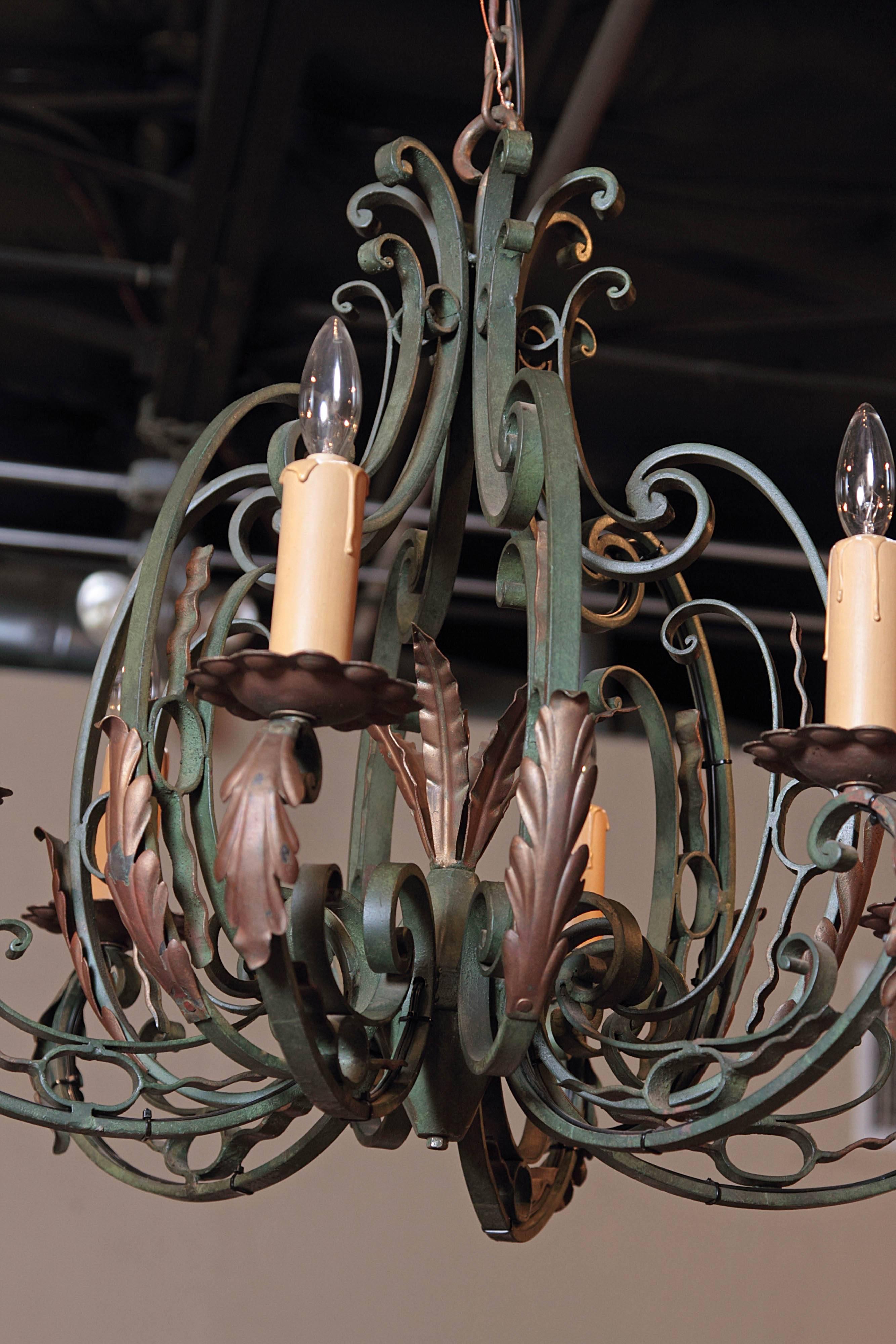 Early 20th Century French Verdigris Six-Light Iron Chandelier 5