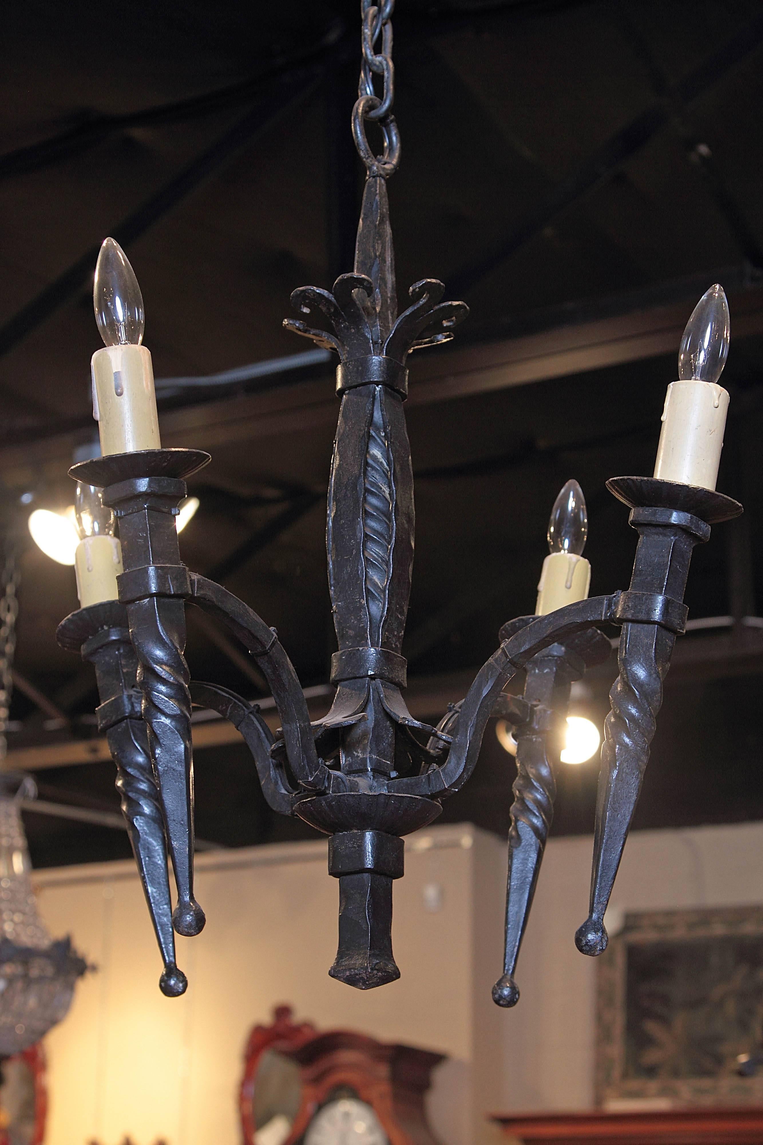 19th Century French Gothic Forged Wrought Iron Four-Light Chandelier In Excellent Condition In Dallas, TX