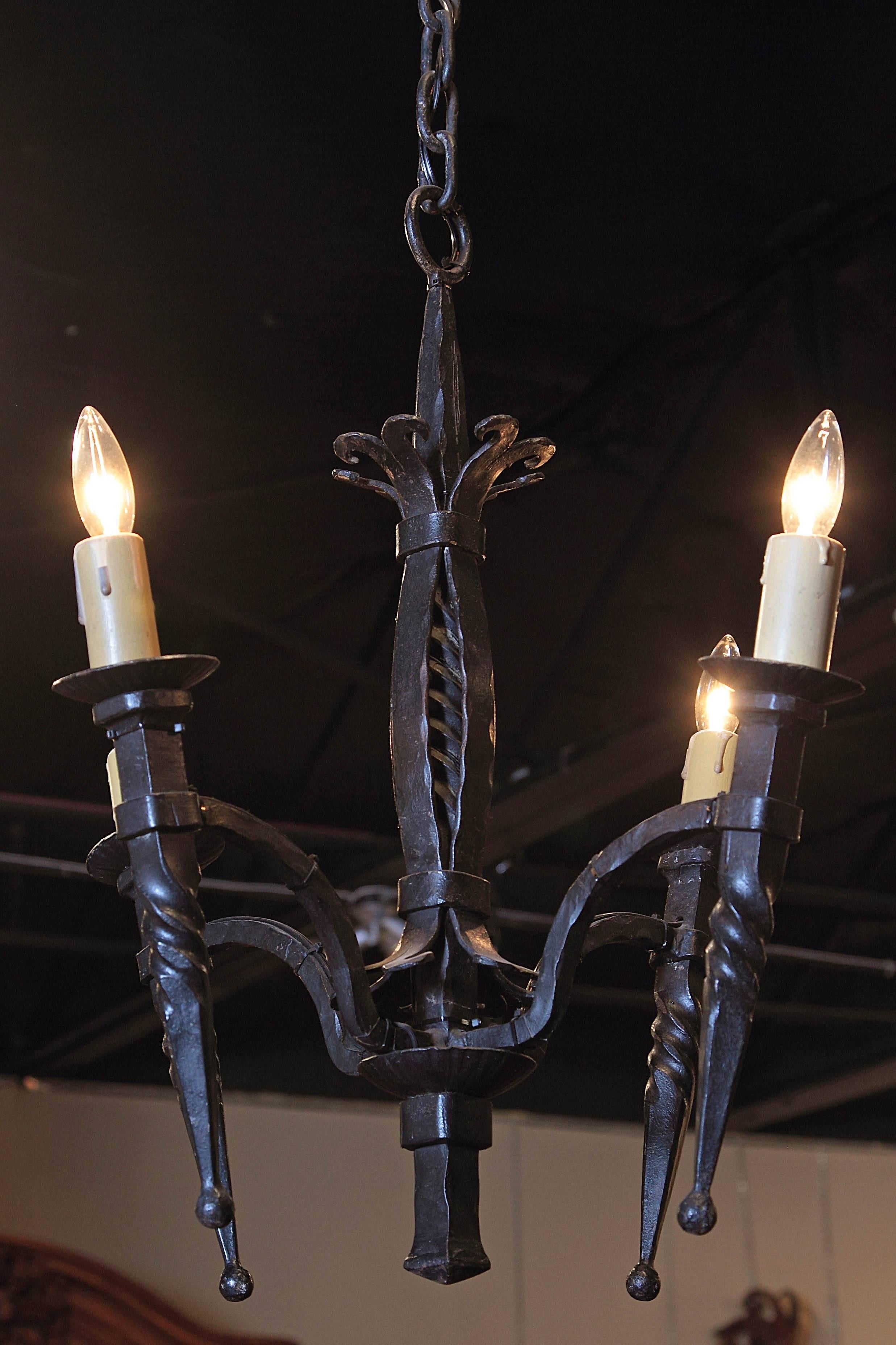 19th Century French Gothic Forged Wrought Iron Four-Light Chandelier 1