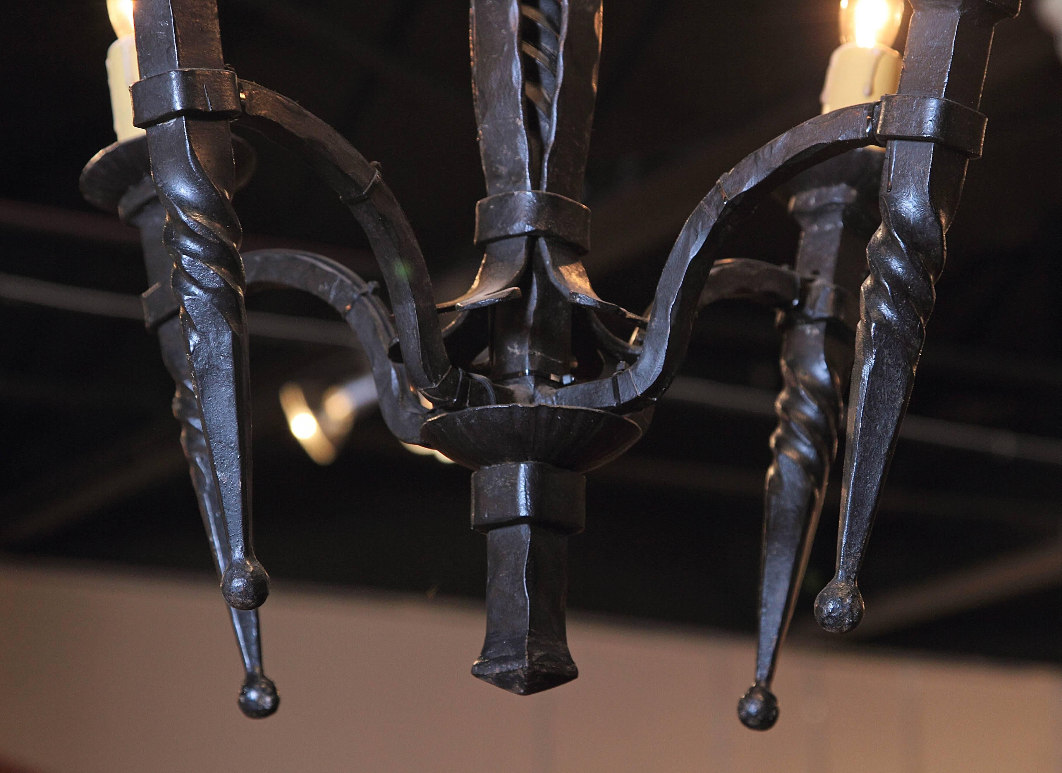 19th Century French Gothic Forged Wrought Iron Four-Light Chandelier 2