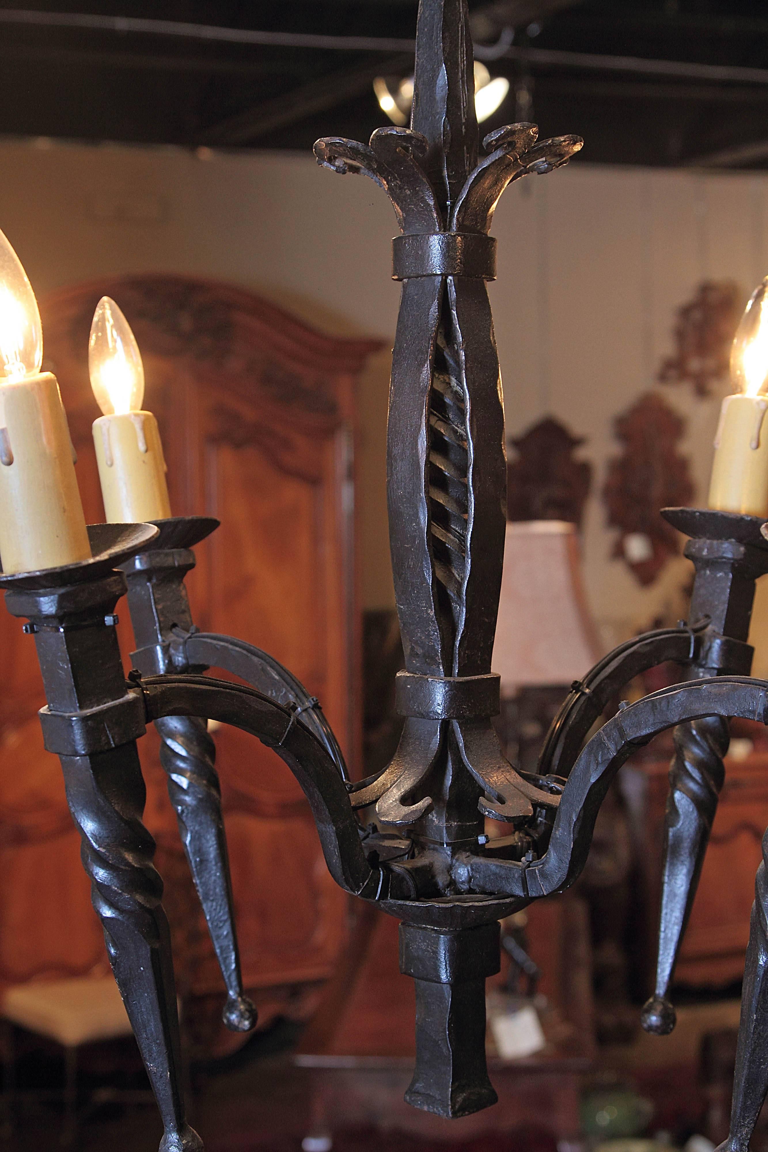 19th Century French Gothic Forged Wrought Iron Four-Light Chandelier 3