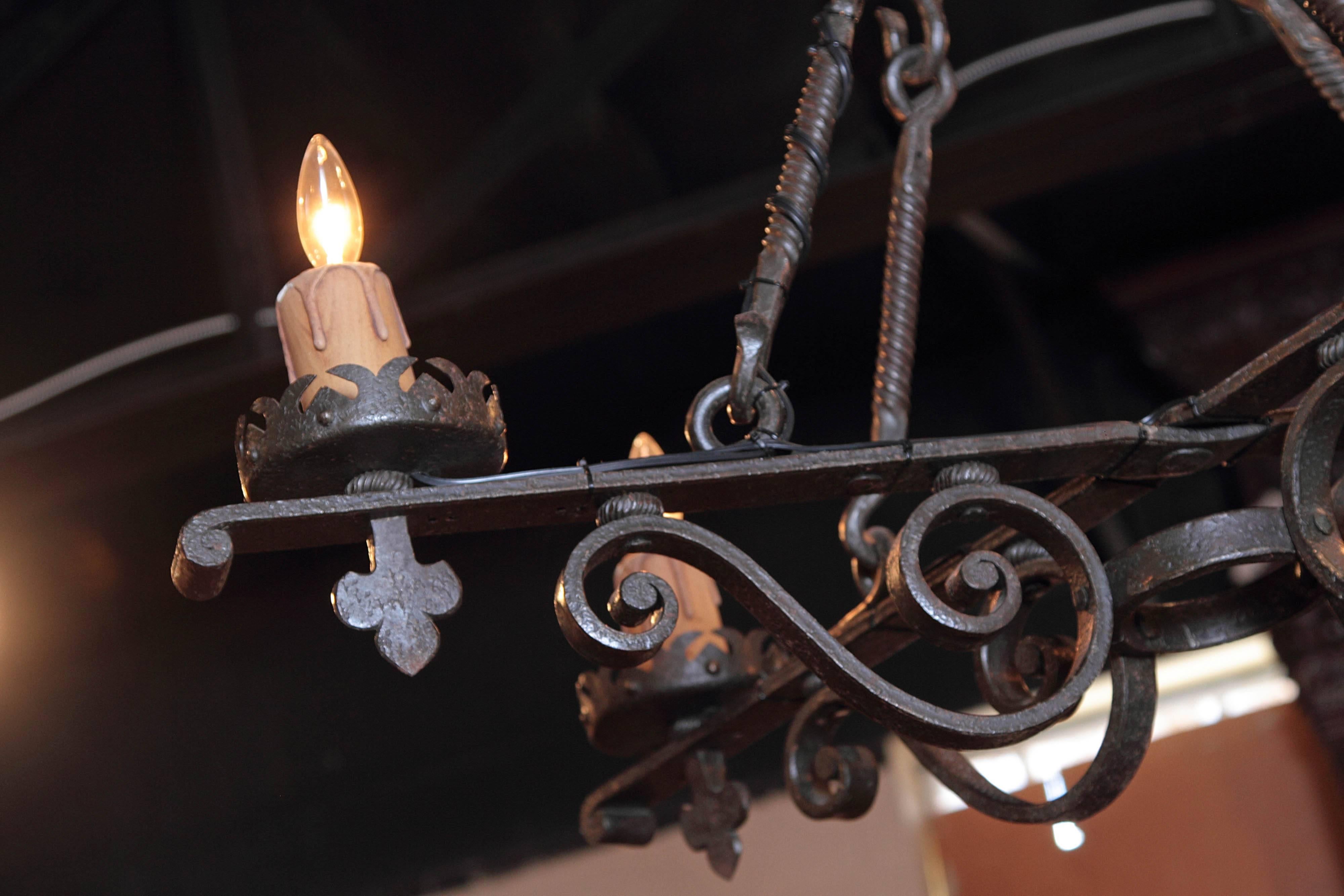 19th Century French Gothic Black Hand-Forged Wrought Iron Four-Light Chandelier 1
