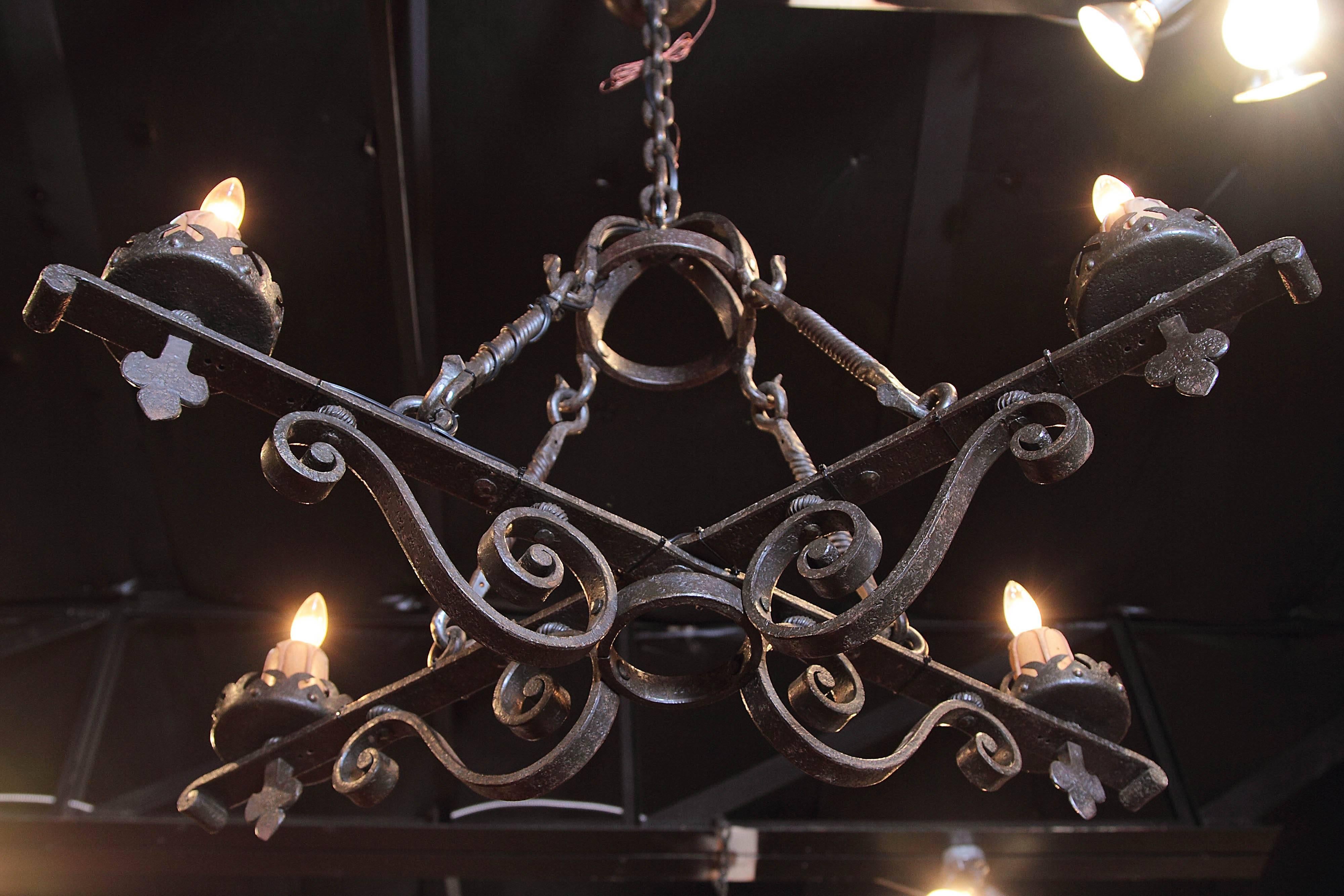 19th Century French Gothic Black Hand-Forged Wrought Iron Four-Light Chandelier 4