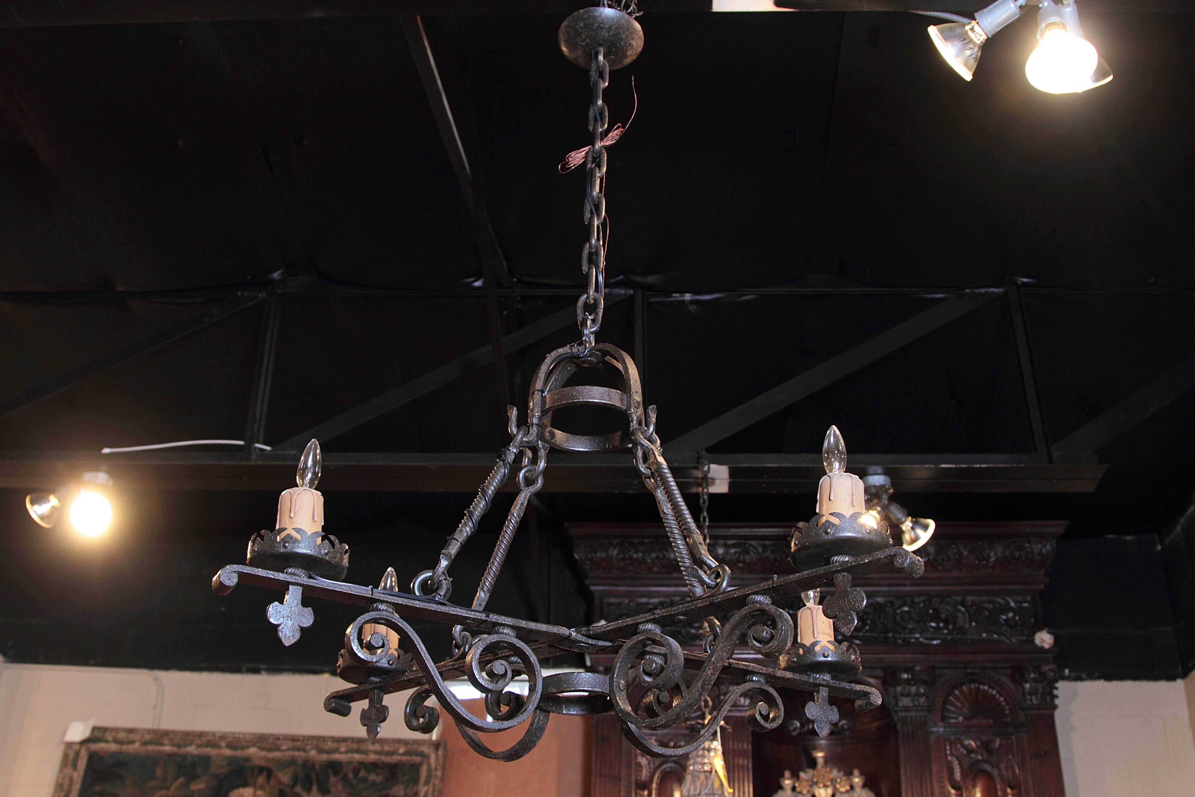 19th Century French Gothic Black Hand-Forged Wrought Iron Four-Light Chandelier 7