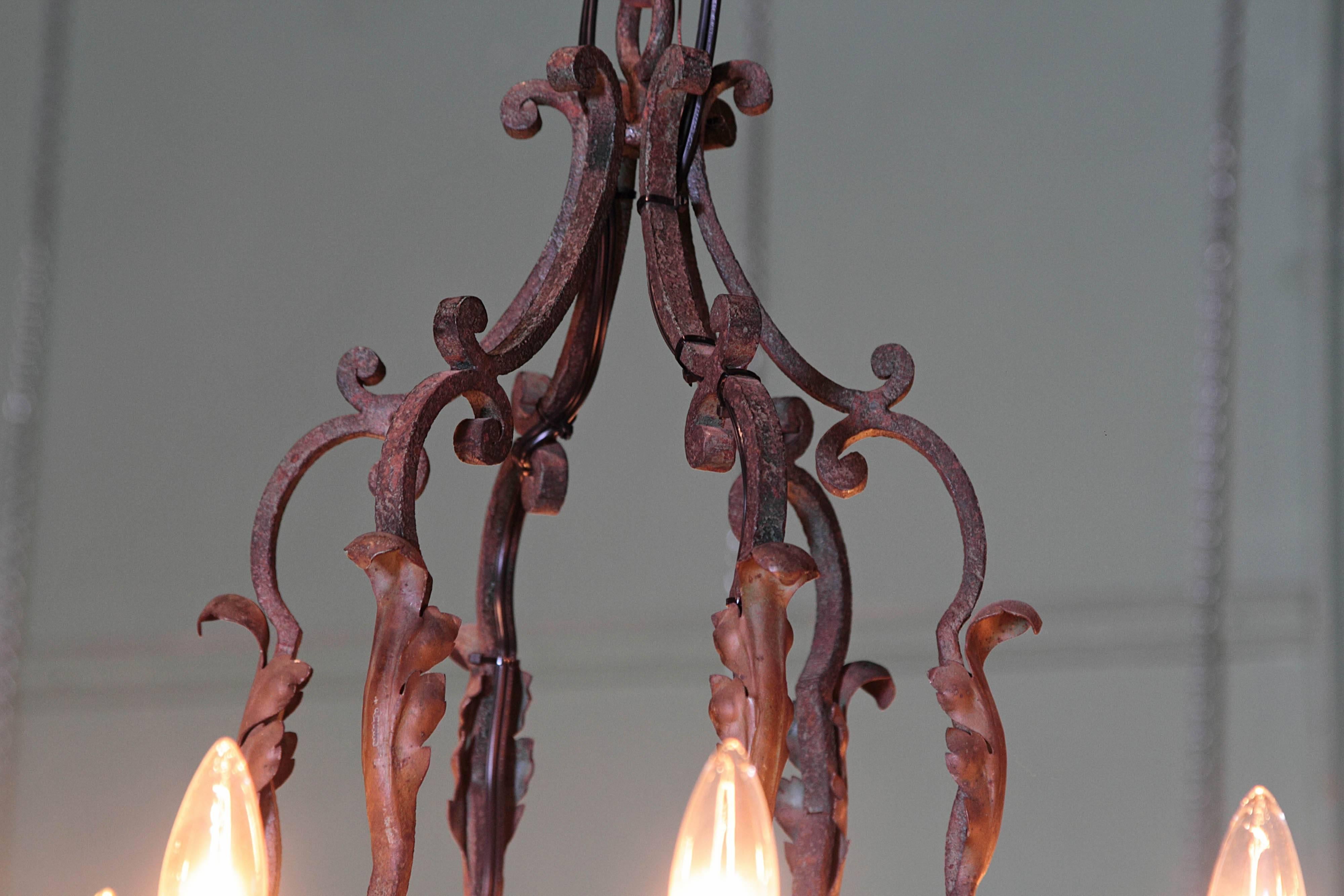 Hand-Painted Early 20th Century French Iron Verdigris and Gilt Ten-Light Chandelier
