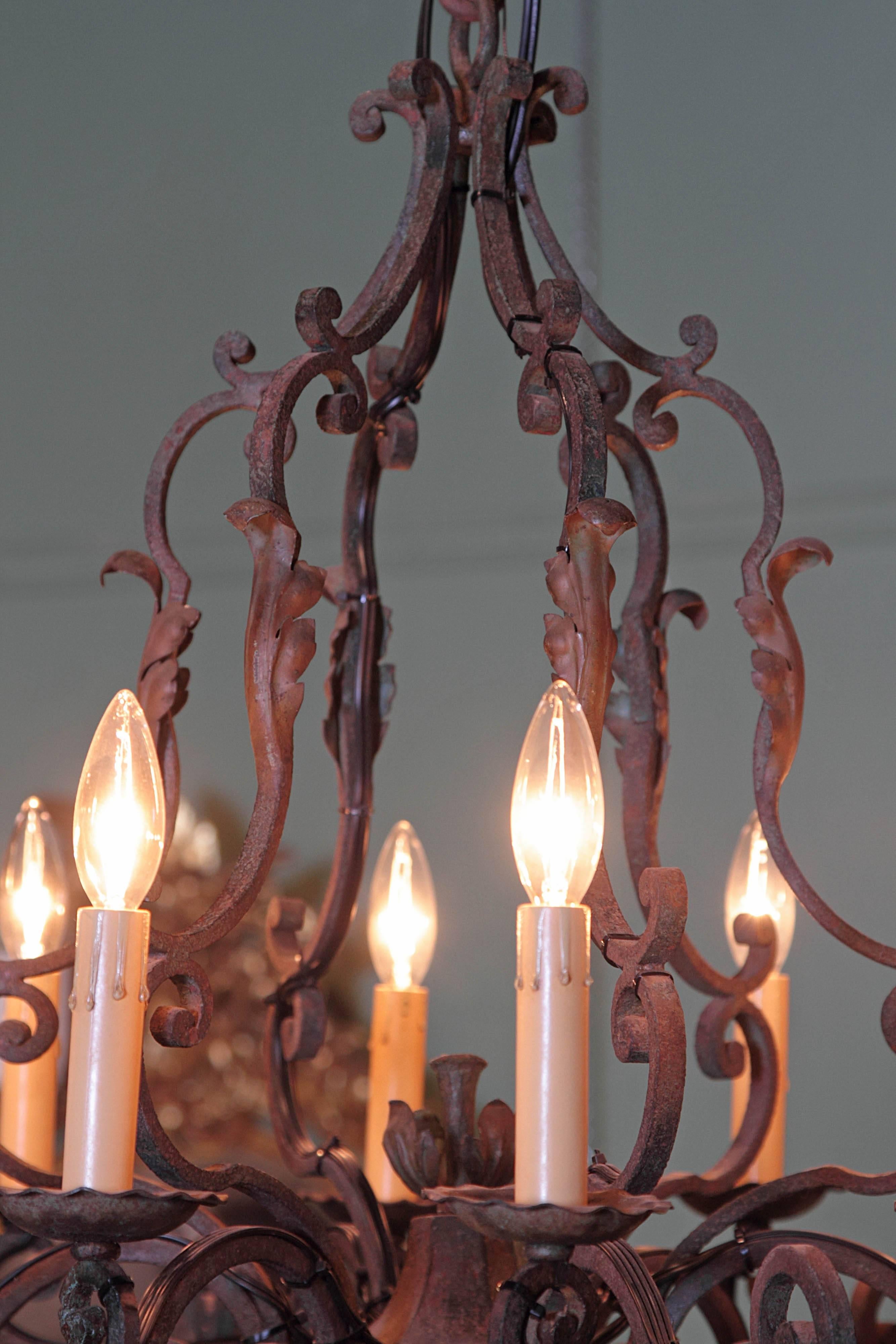 Early 20th Century French Iron Verdigris and Gilt Ten-Light Chandelier 2