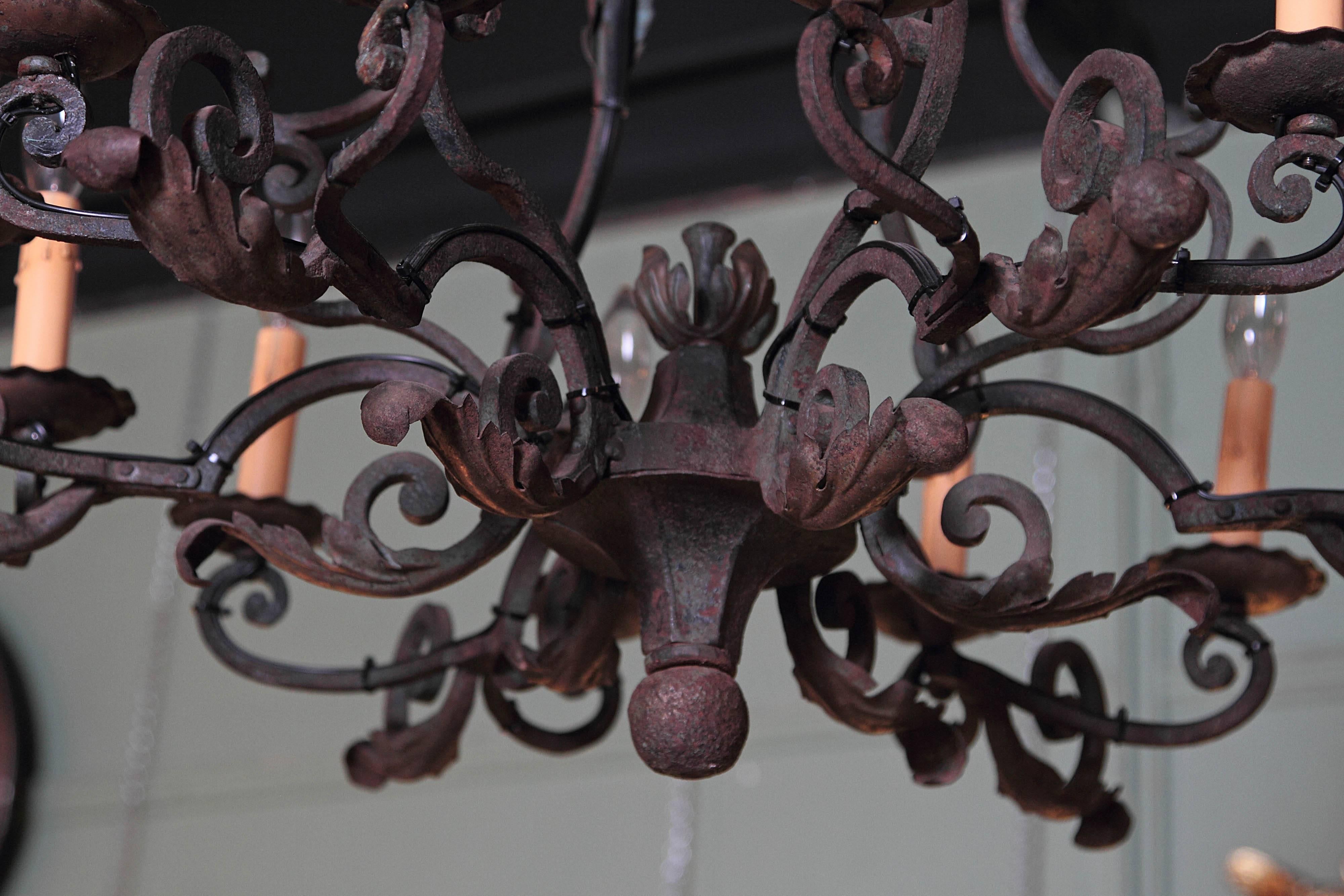 Early 20th Century French Iron Verdigris and Gilt Ten-Light Chandelier 5