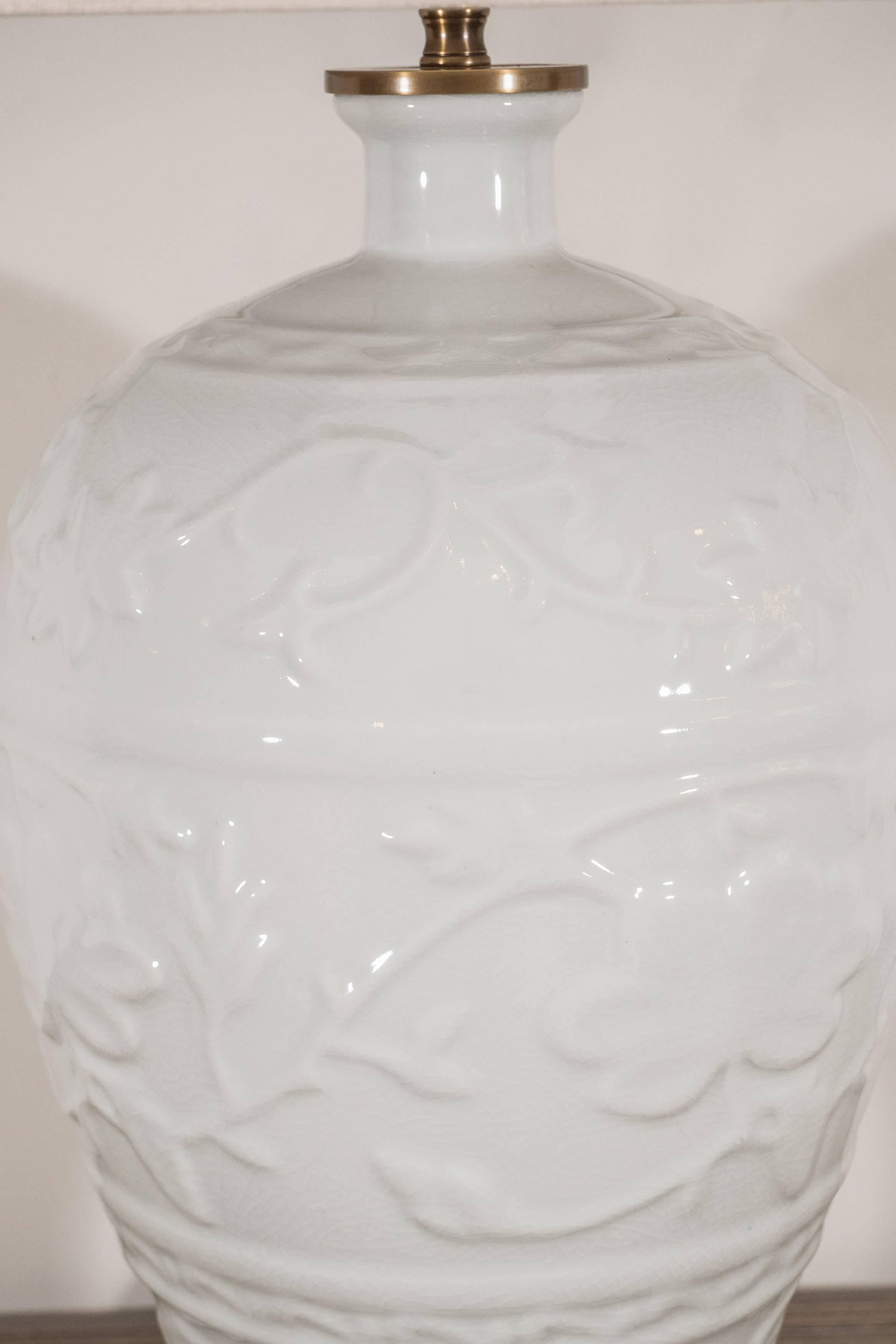20th Century Pair of White Crackled Ceramic Lamps