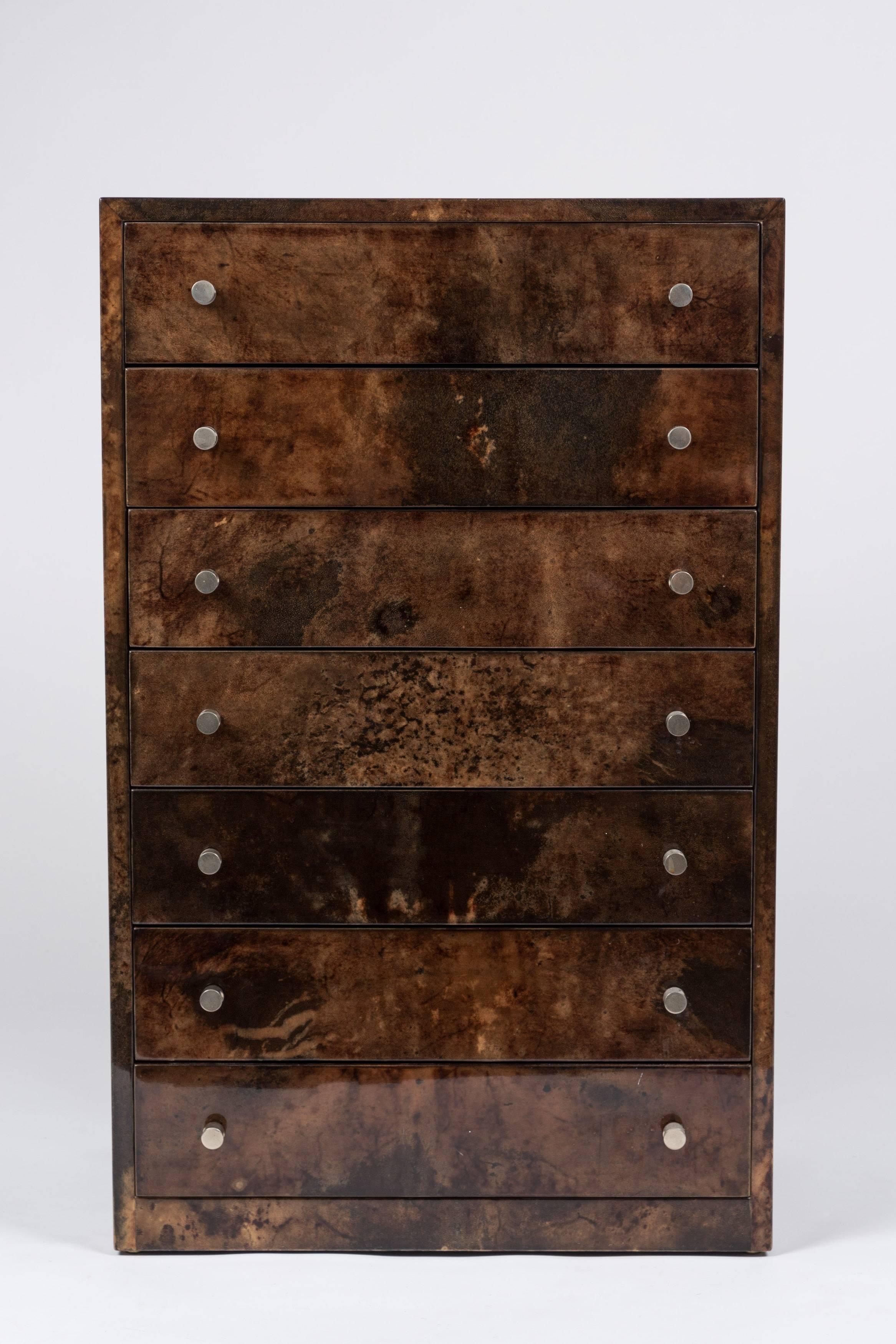 1960s Italian Alto Tura lacquered goatskin chest with mahogany interiors and original satin chrome pulls.